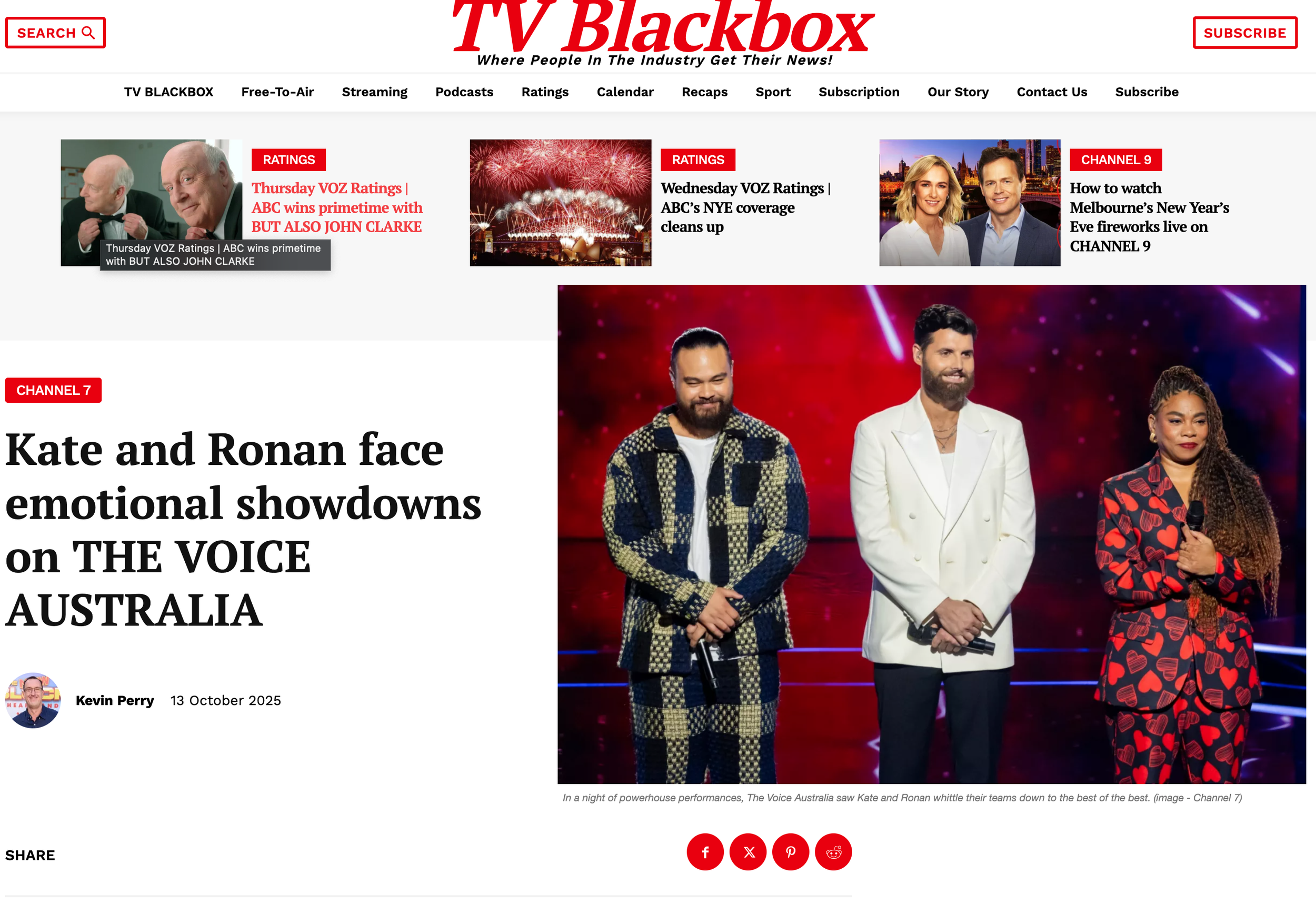 Three contestants standing on stage at The Voice Australia, one man and one woman holding microphones, under colorful stage lighting.