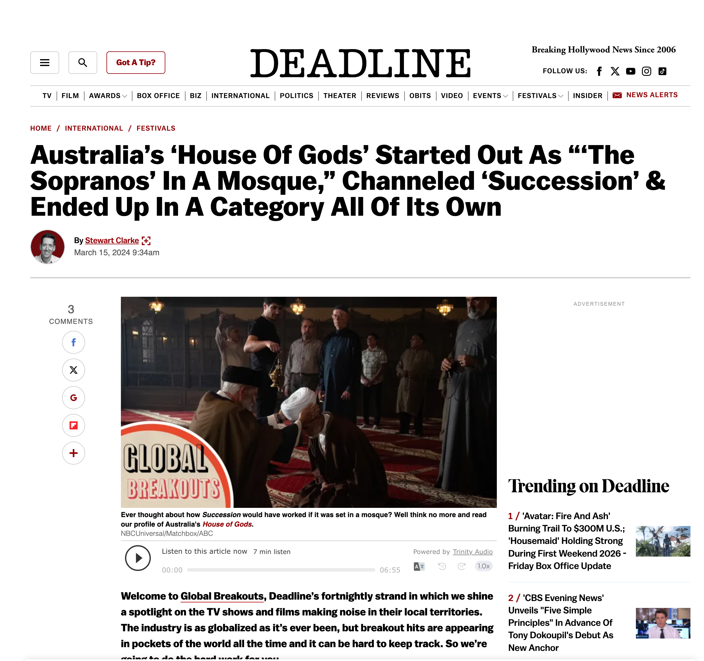 Screenshot of Deadline news website with a story about Australia's 'House of Gods' and a photo showing a religious ceremony with men in traditional attire inside a mosque.