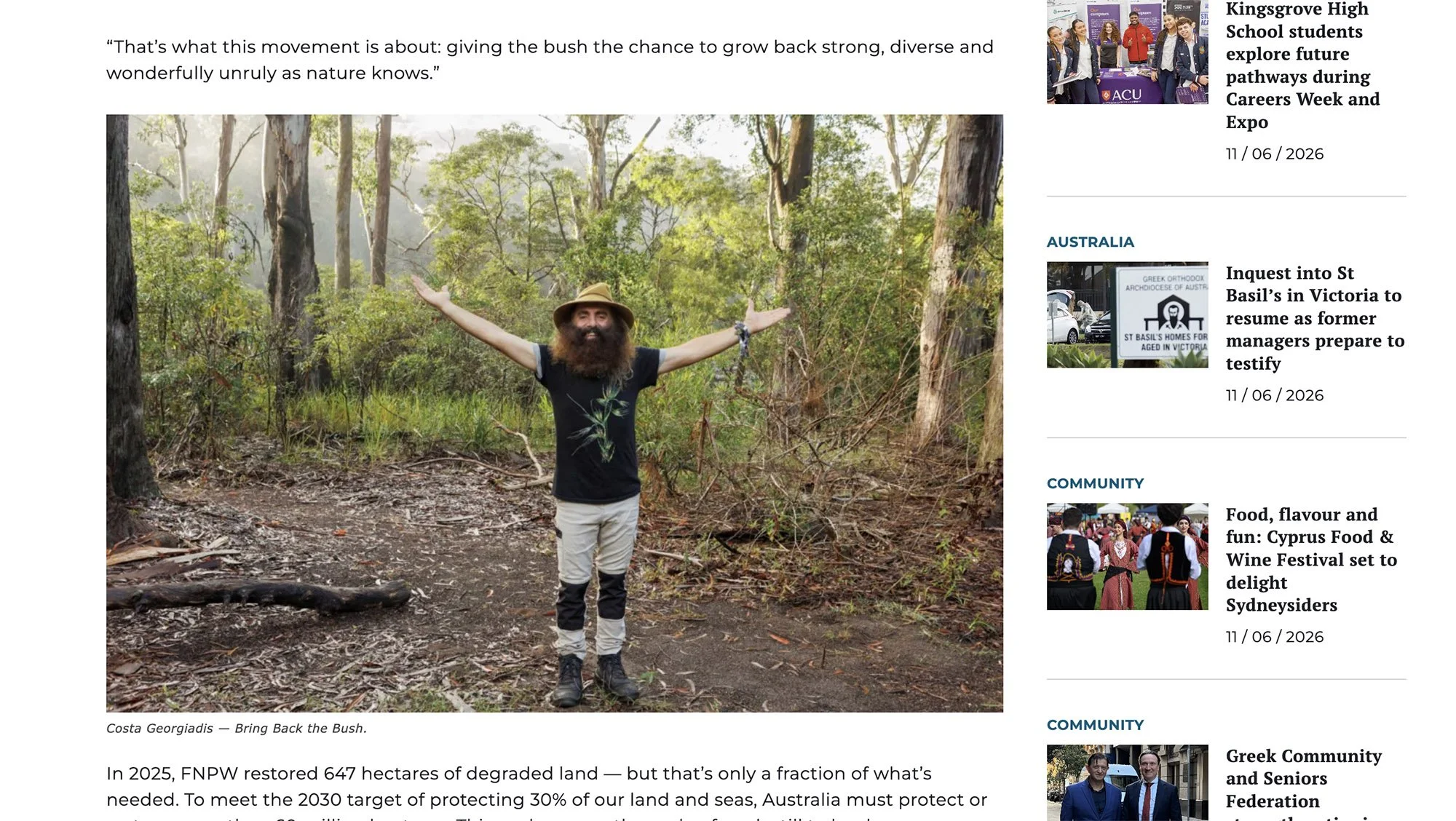 Costa Georgiou photographed by Gary Compton in Lane Cove National Park for Bring Back the Bush campaign