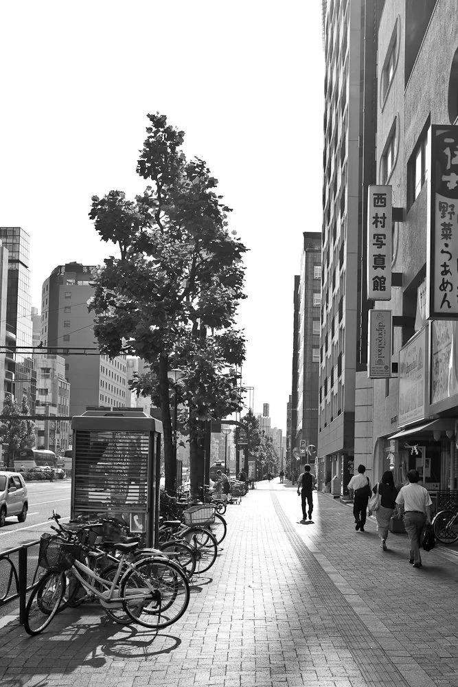 City sidewalk with bicycles, trees, and pedestrians walking along tall buildings, with signs displaying Japanese characters.