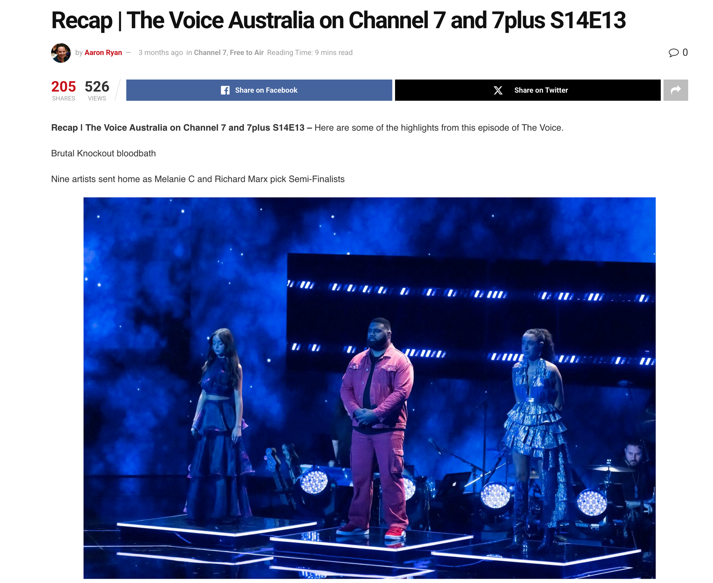 Three contestants performing on stage of The Voice Australia, illuminated by blue lights, with smoke effects, and a band in the background.