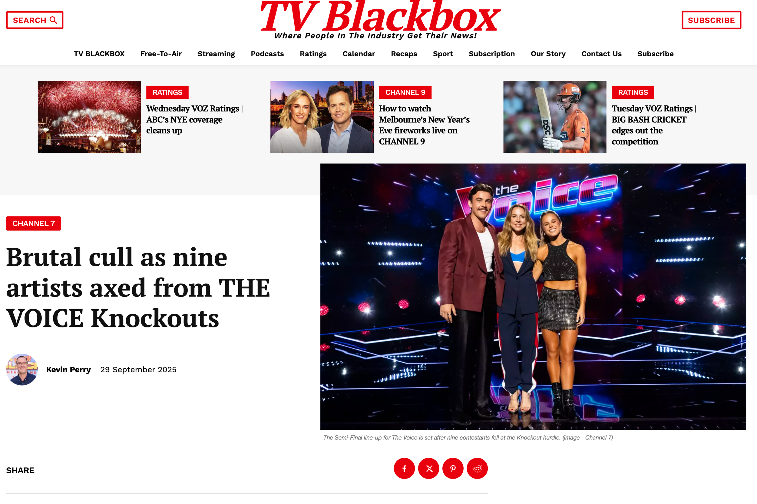 Three contestants from The Voice show standing on stage with colorful lighting and the show's logo behind them.