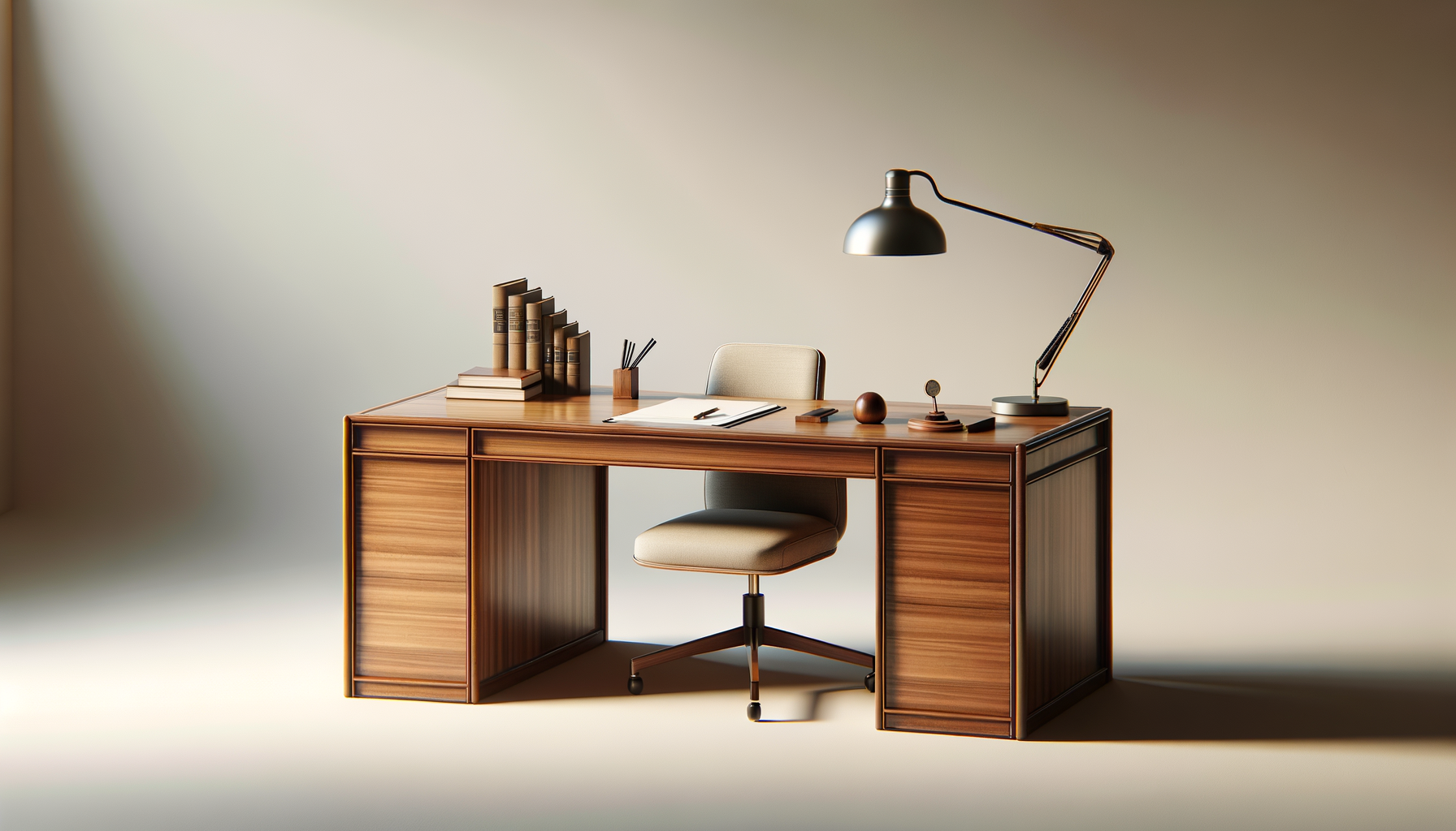 Escritorio de madera con una silla, lámpara de escritorio, libros, y objetos de oficina en un fondo neutro.