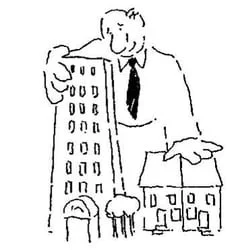 A simple line drawing of a man in a suit pointing at a tall building and holding a small building model.