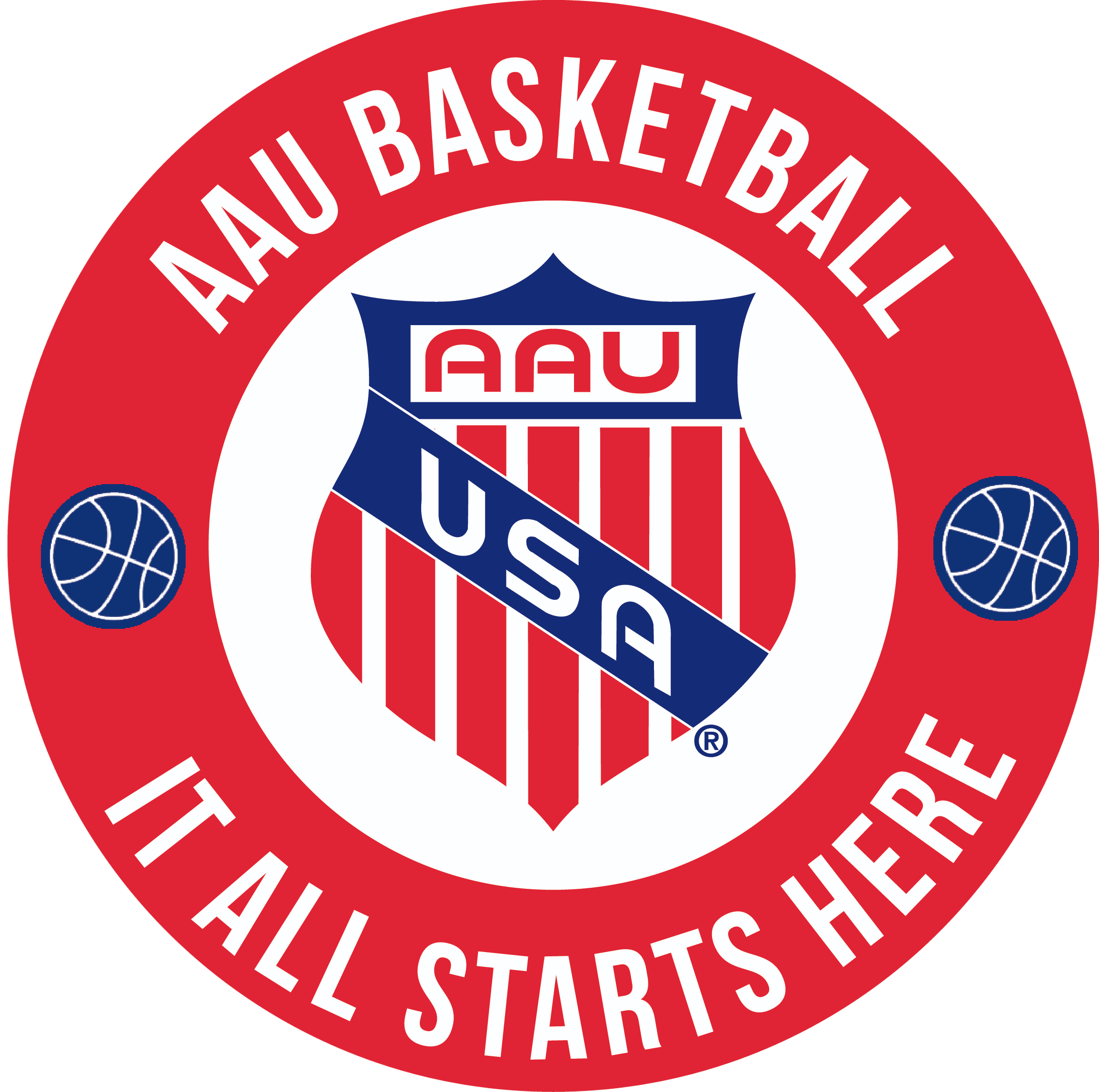 AAU Basketball logo with red, white, and blue colors, featuring a shield with vertical red and white stripes, and a blue banner with 'USA' across it. The logo includes a red circular border with white text that reads 'AAU BASKETBALL' at the top and 'IT ALL STARTS HERE' at the bottom, with small basketball icons on each side.