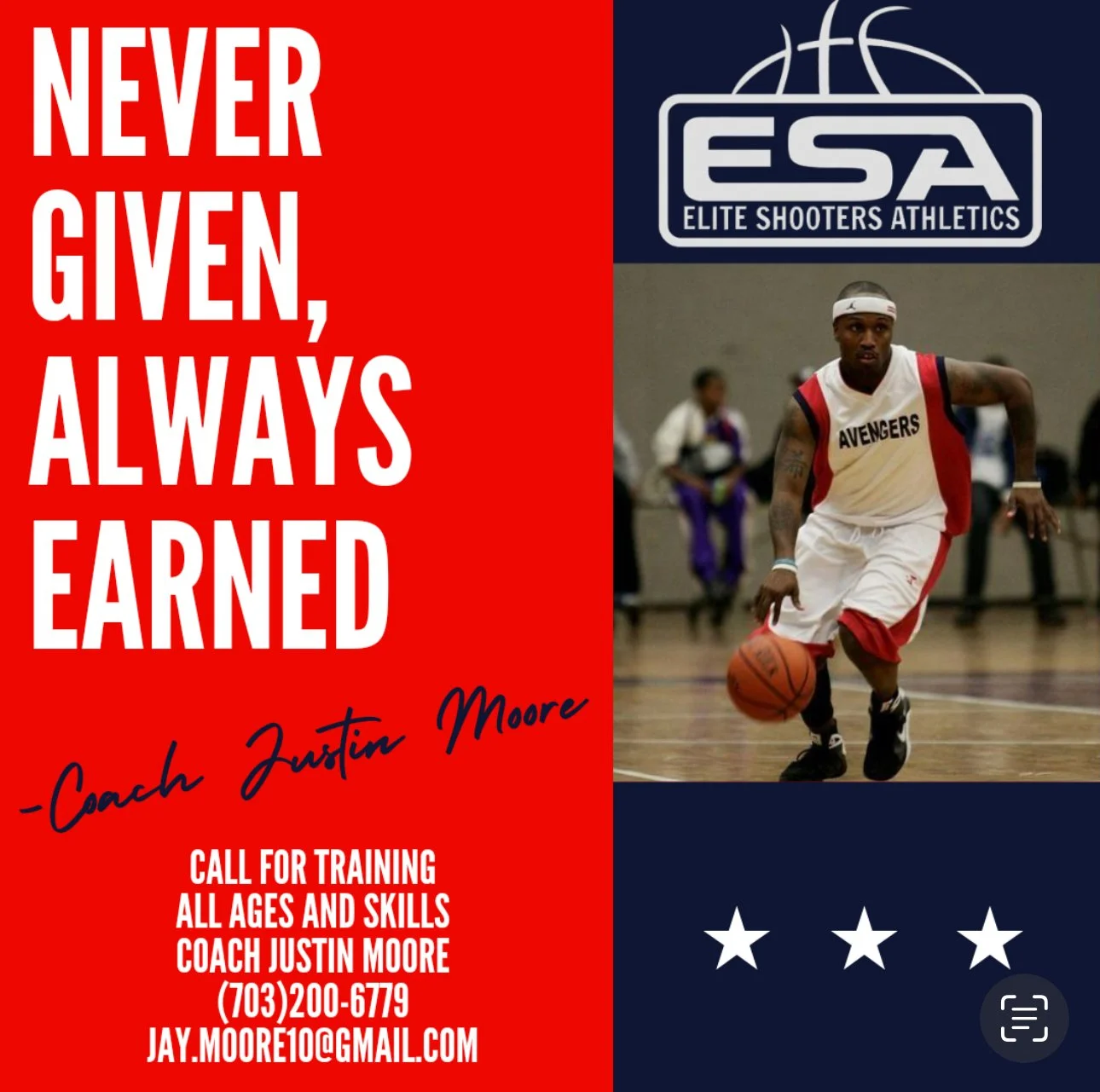 A promotional basketball training flyer for Elite Shooters Athletics featuring a basketball player in a white and red uniform dribbling on a court, with text emphasizing dedication, coaching contact information, and a logo at the top.