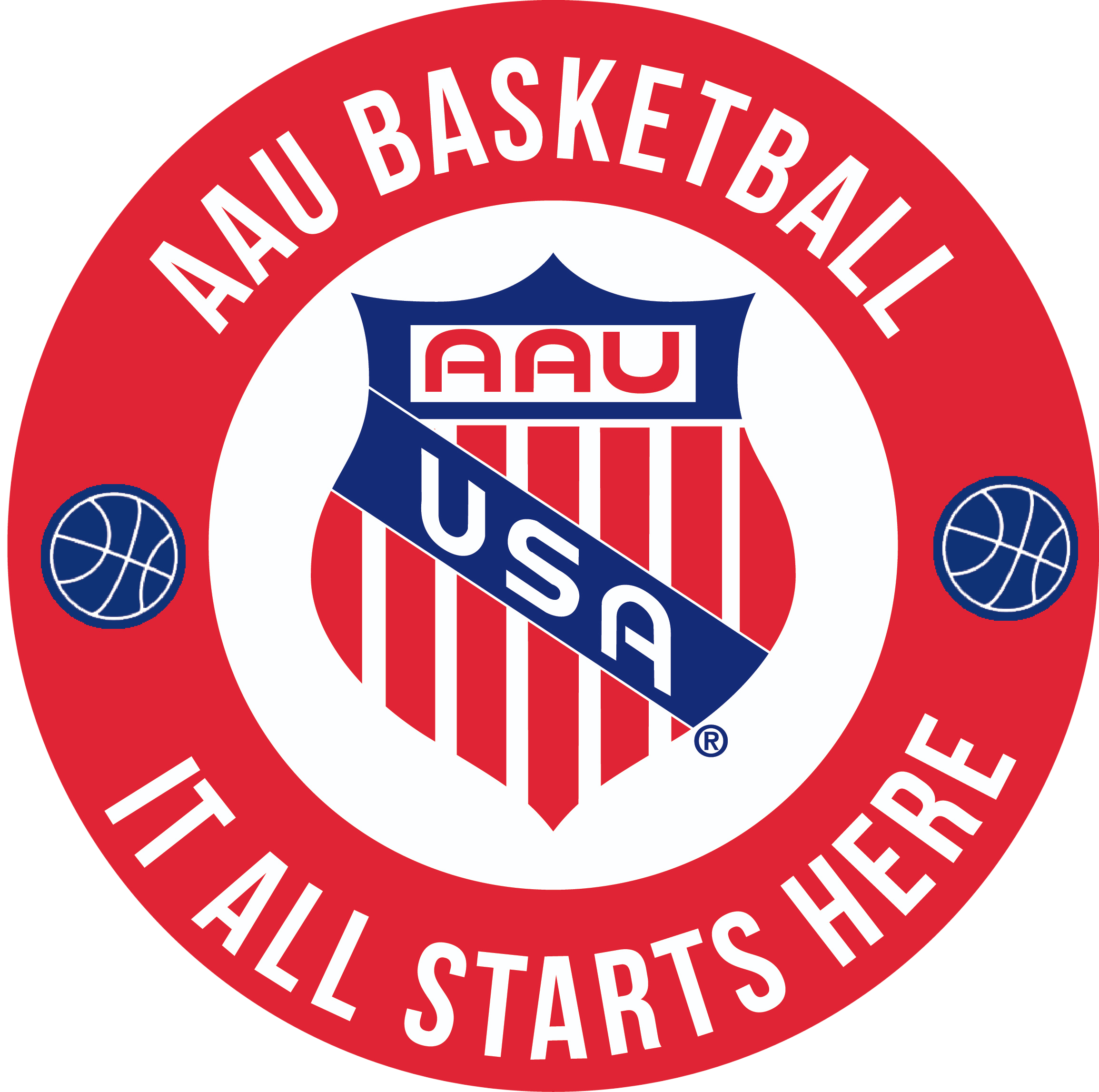 Logo of AAU Basketball with a red, white, and blue shield in the center and the words 'AAU BASKETBALL' and 'IT ALL STARTS HERE' in a red circle around it.