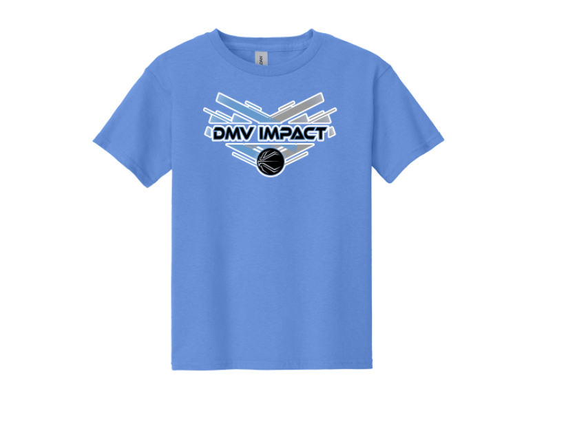 Blue T-shirt with a Denver Nuggets logo, featuring a basketball and the words 'DMV IMPACT' in bold black and white text.