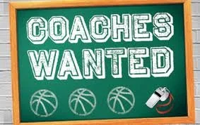 A green chalkboard sign with white text reading 'Coaches Wanted,' decorated with three basketball illustrations and a whistle in the bottom right corner.