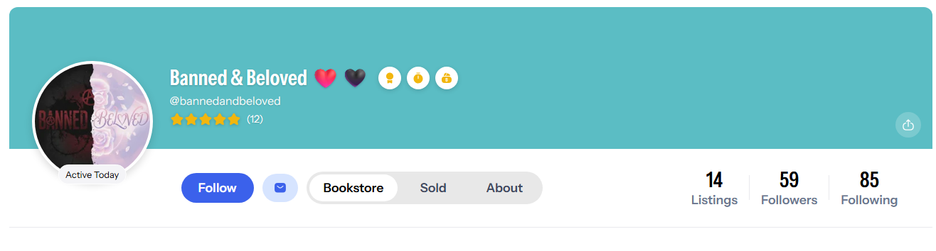 A social media profile banner 'Banned & Beloved,' five-star rating, and icons indicating activity. The profile has options to follow, message, view bookstore, sold items, and about, with statistics showing 14 listings, 59 followers, and 85 following.