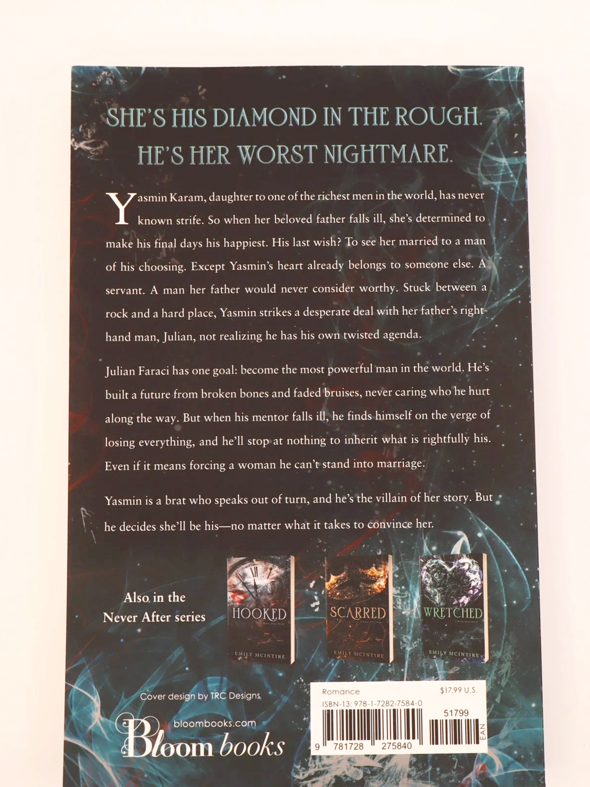 Back cover of Twisted by Emily McIntire showing the plot synopsis and other books in the Never After series.