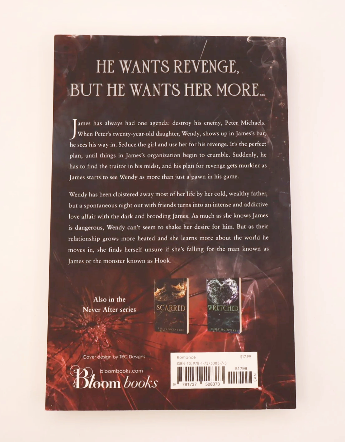 Back cover of the novel Hooked by Emily McIntire, showing the plot summary and other books in the Never After series.
