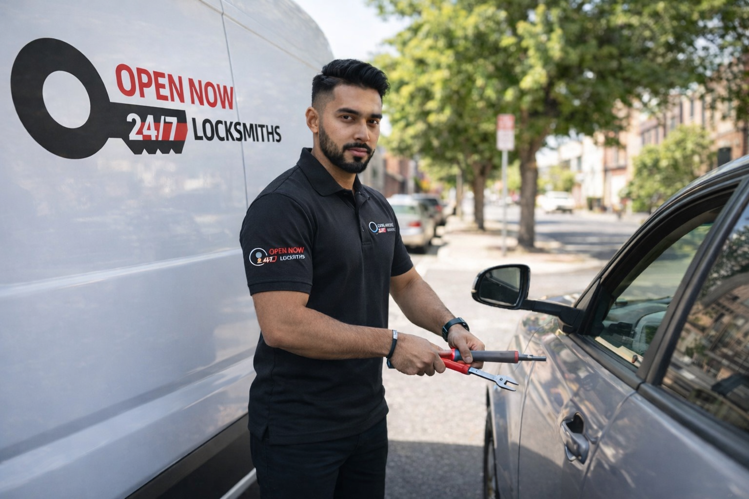A man working on a silver car with a locksmith service vehicle in the background, which displays 'Open Now 24/7 Lockmsiths,' on a city street with trees and buildings.