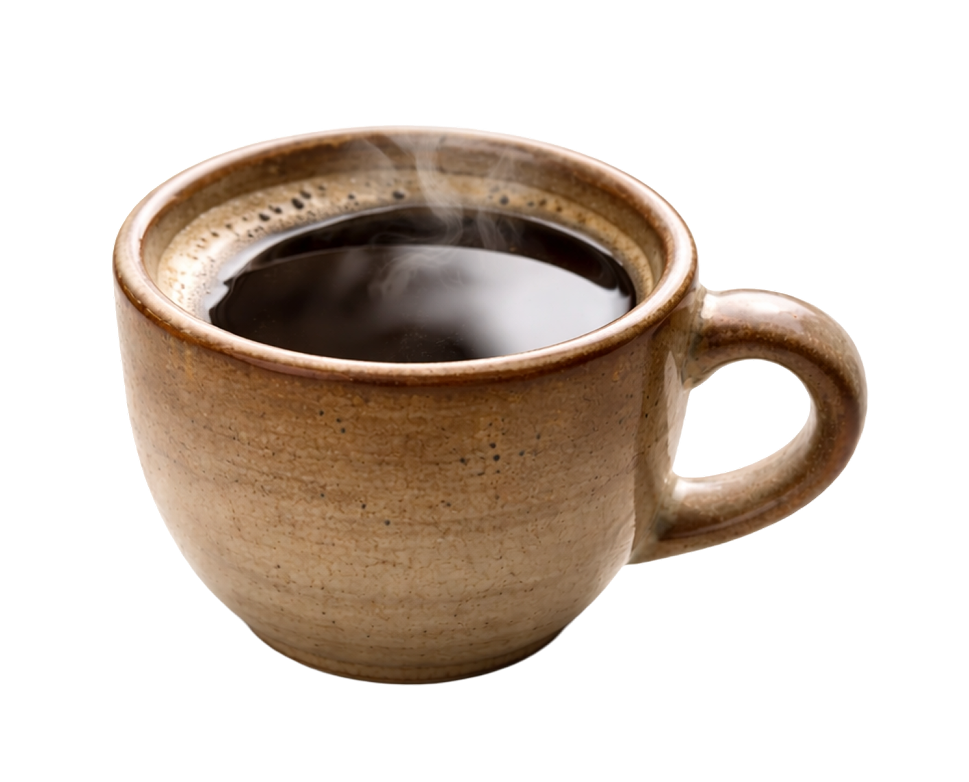 Steaming cup of black coffee in a beige ceramic mug.