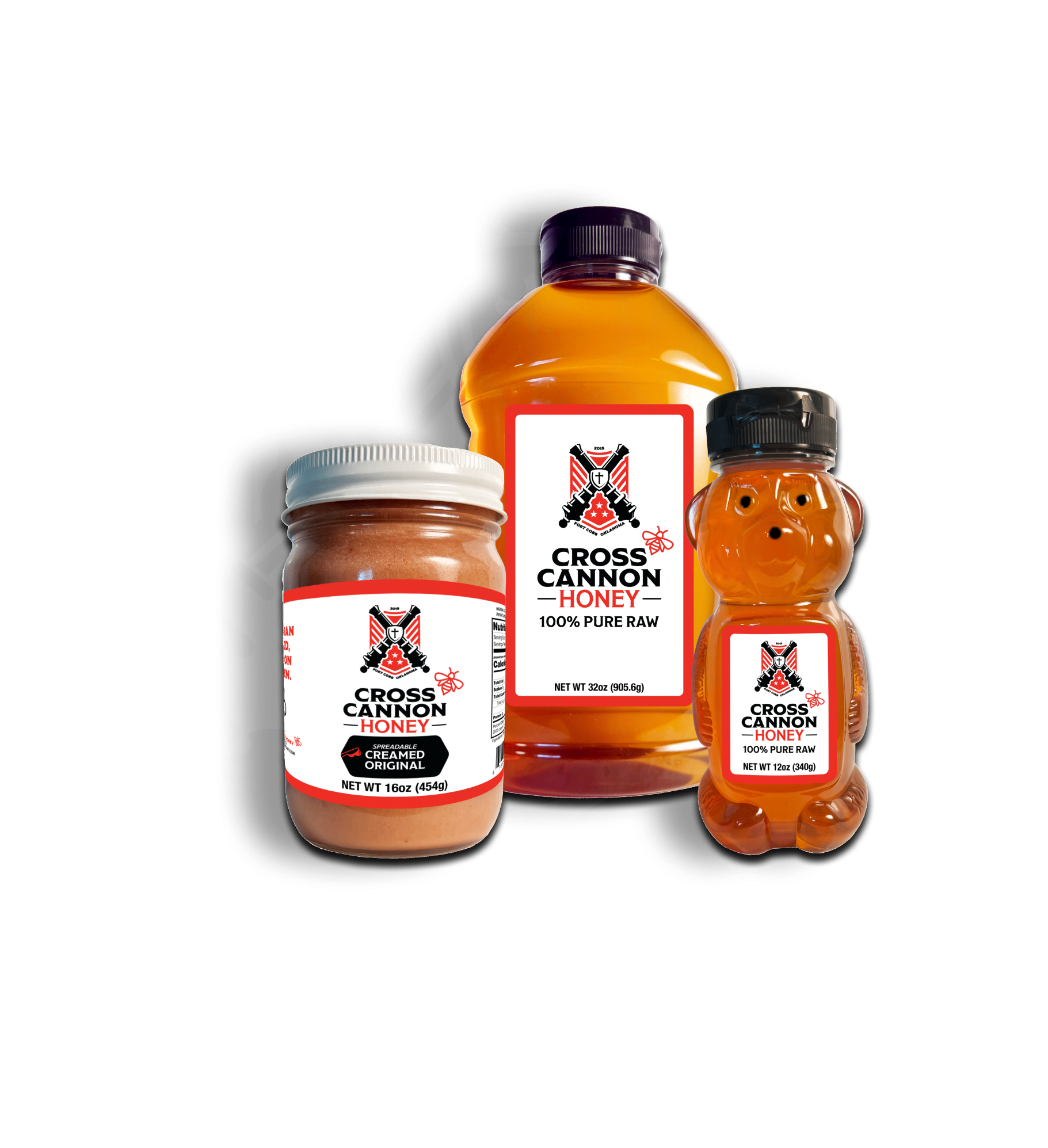 Three containers of Cross Cannon Honey: a large honey bottle, a jar of spreadable honey, and a honey bear with a black cap.