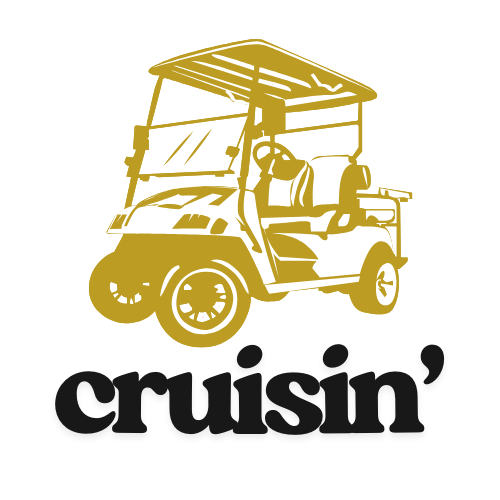 Graphic of a gold-colored golf cart with a roof and seats, with the word "cruisin'" written below in bold black letters.