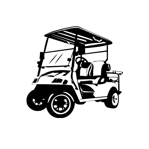 Black and white illustration of a golf cart with a roof, viewed from the side.