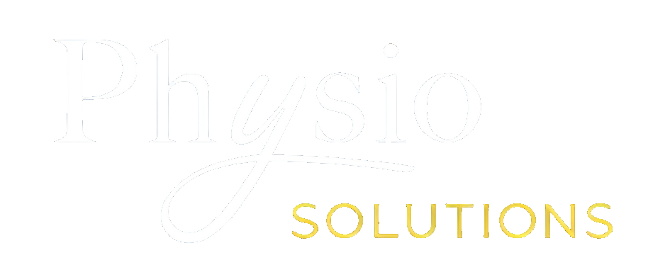 Text that reads 'Physio Solutions' in a stylized font, with 'Physio' in white and 'Solutions' in yellow.
