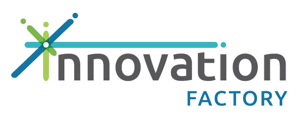 Logo for Innovation Factory with stylized abstract figure and text.