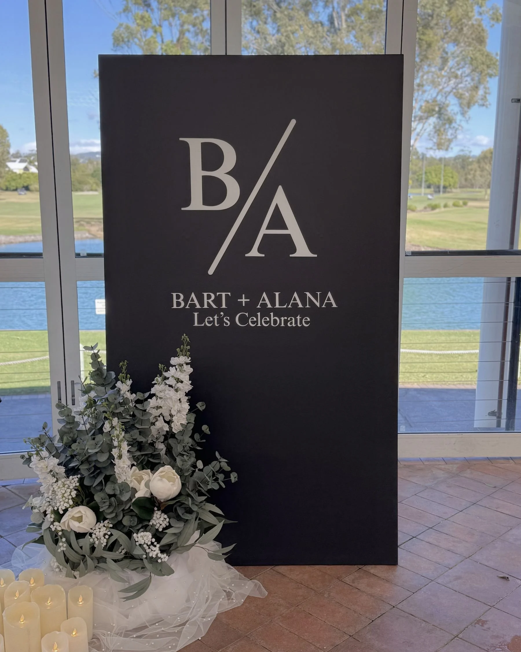 Engagement welcome sign styling at Emerald Lakes Golf Club on the Gold Coast.