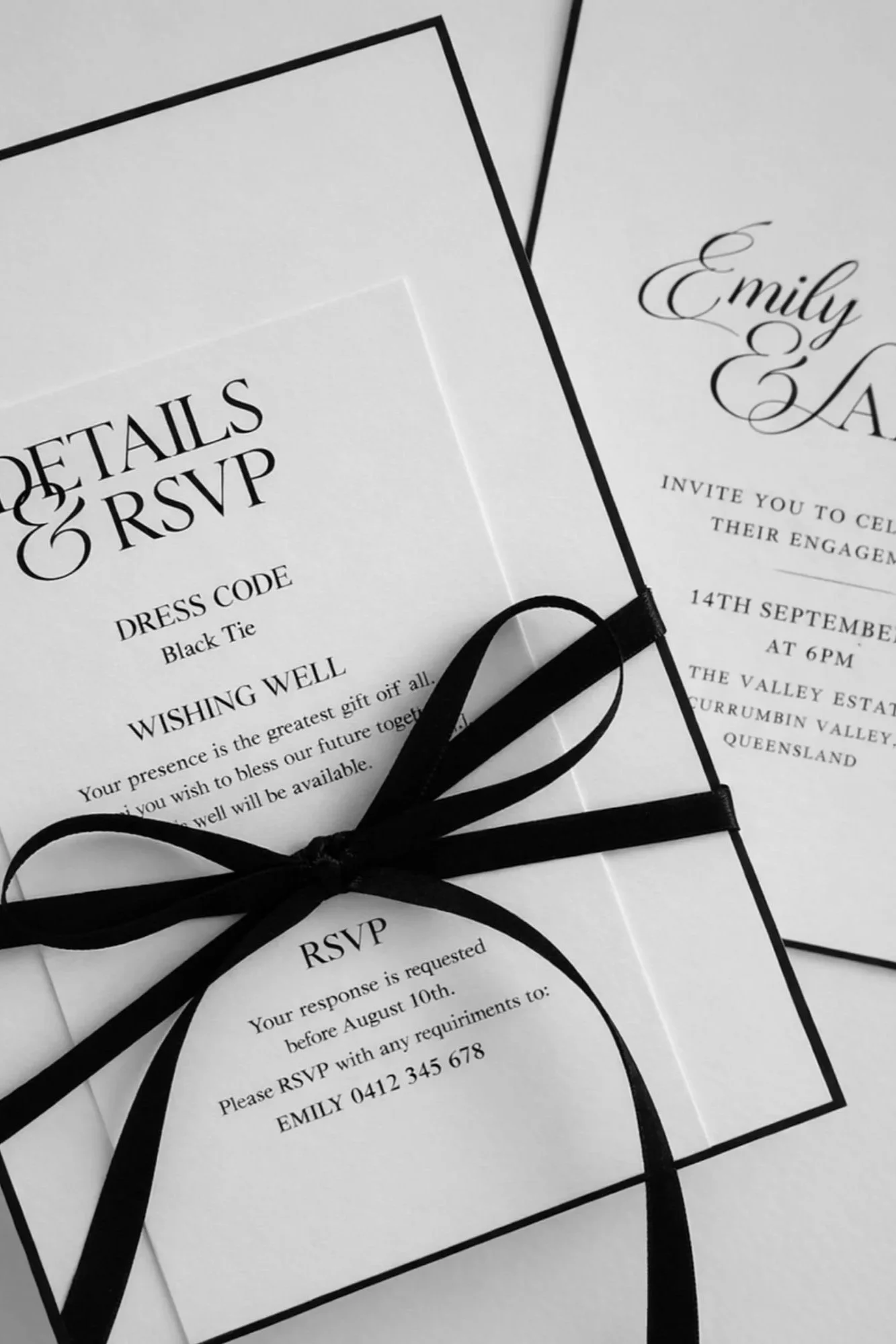 Modern black and white wedding invitation suite with RSVP and details card by Saudade Events, Gold Coast stationery designer.