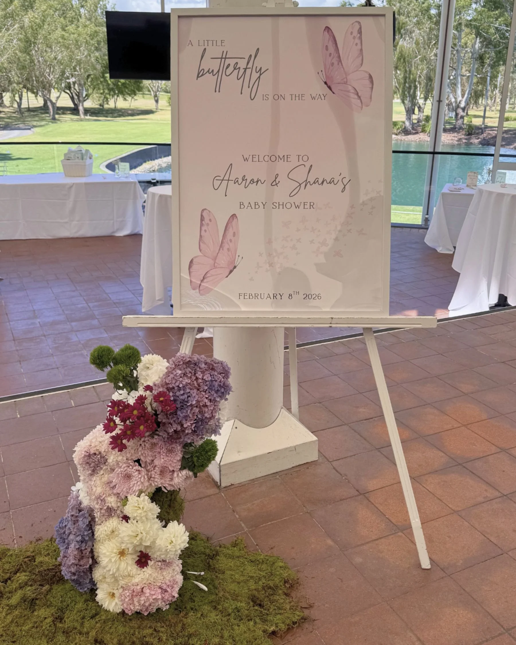 Baby shower welcome signage and styling at Emerald Lakes Golf Club on the Gold Coast.