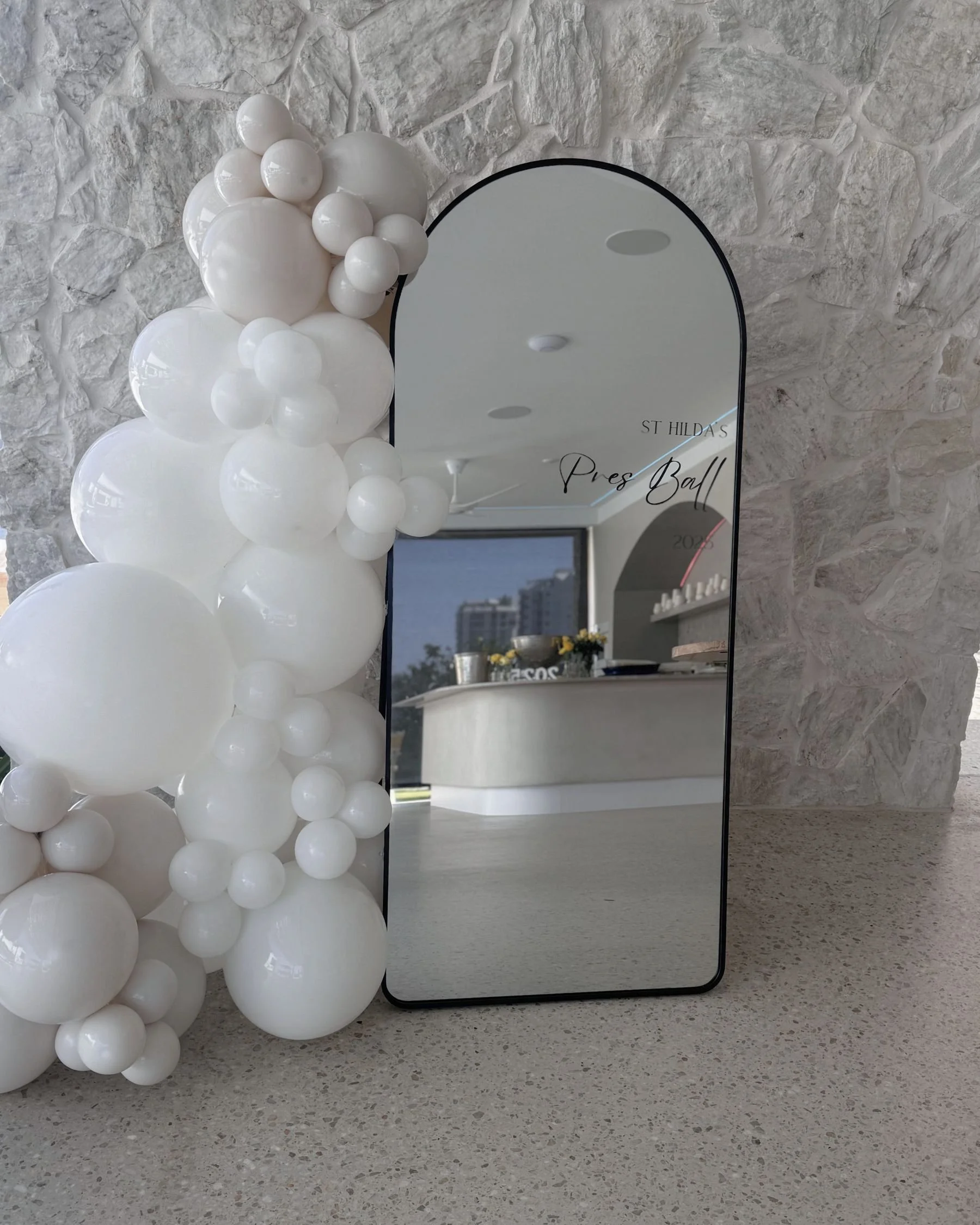 Formal event balloon installation and mirror styling on the Gold Coast.