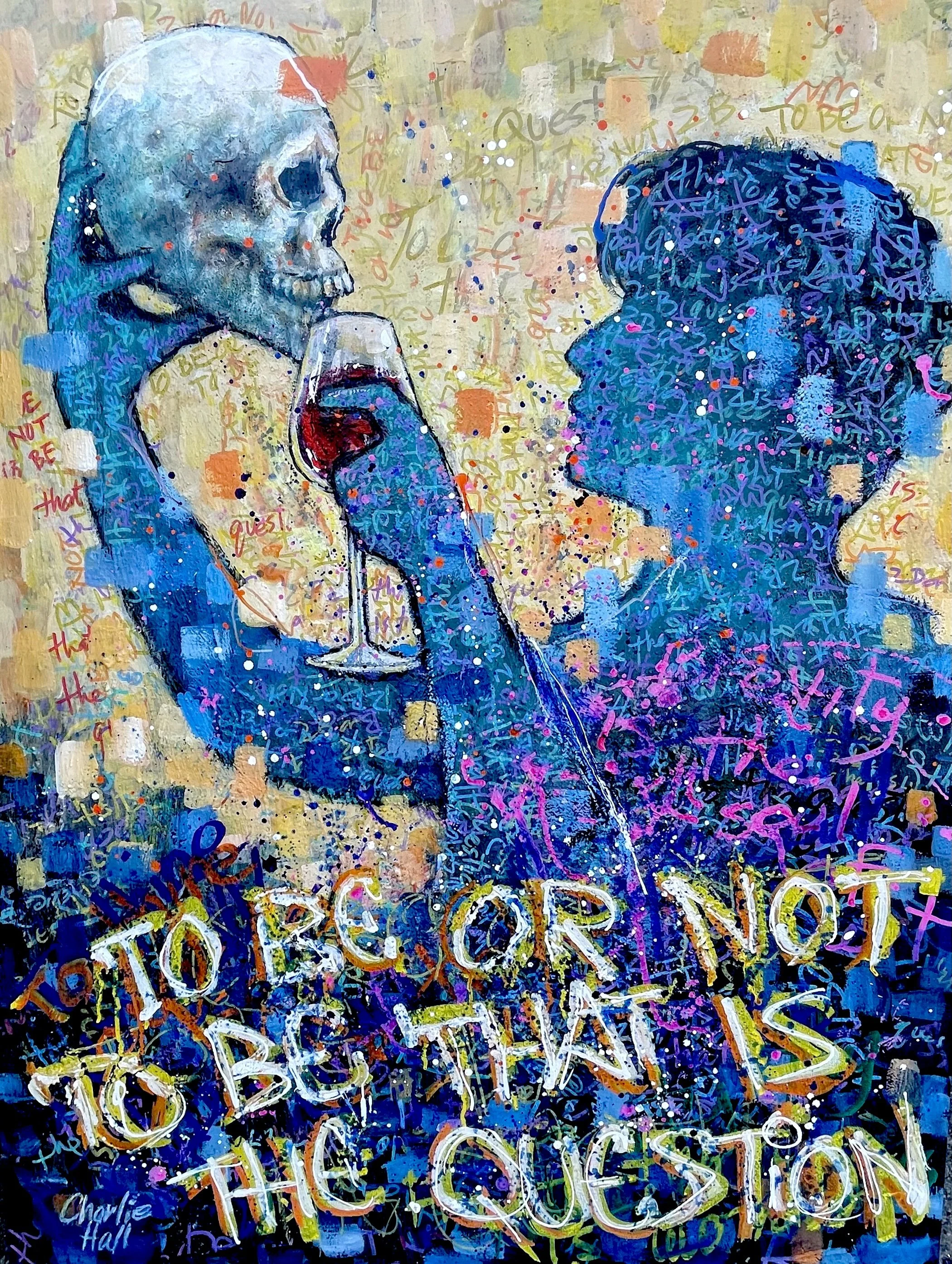 A vibrant, abstract painting depicting two people in an intimate moment. The person on the left has a skull-like face and is holding a glass of red wine, while the person on the right has short hair and their face close to the other's. The background is filled with colorful, layered text and scribbles, creating a chaotic and expressive atmosphere.