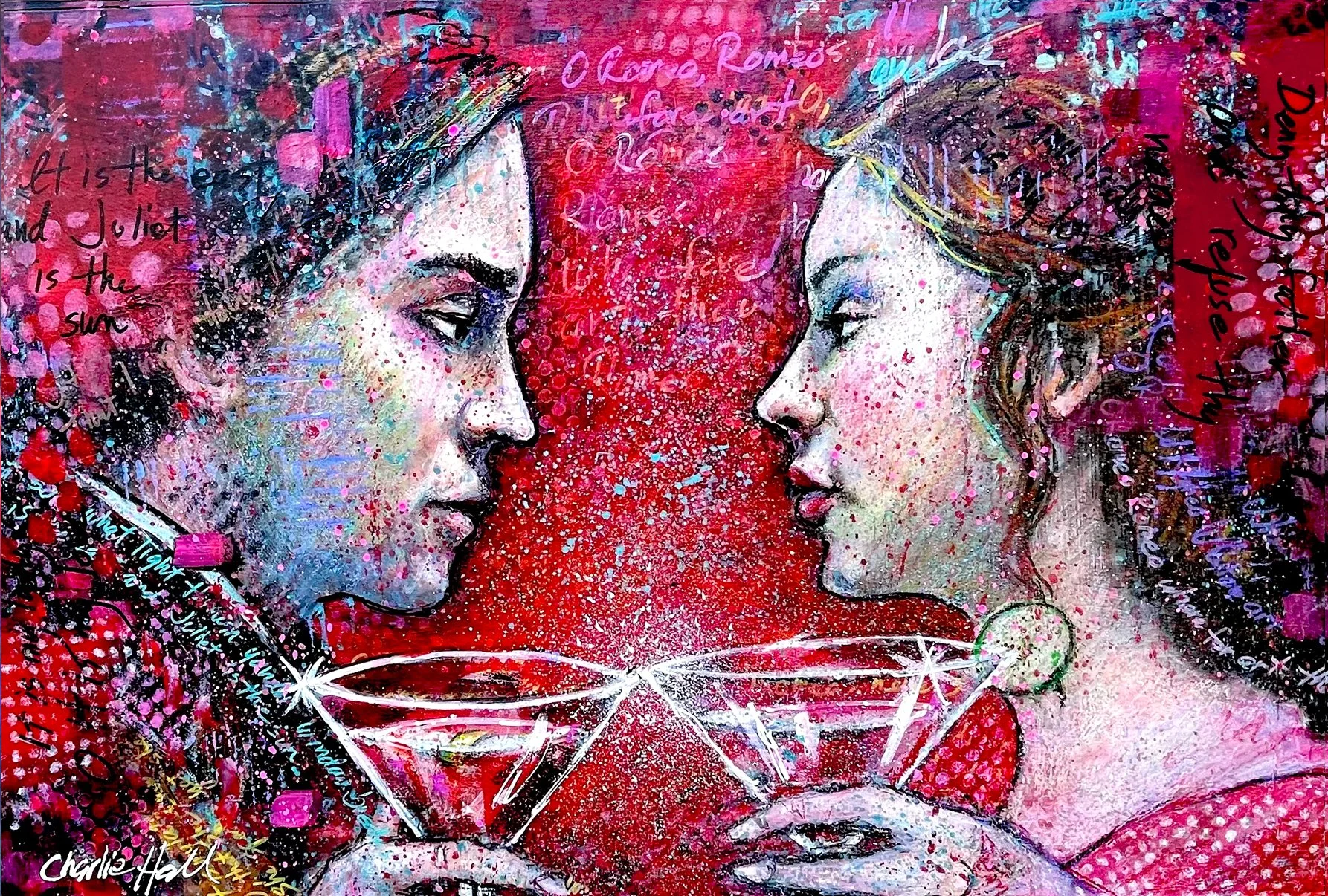 A colorful painting of two women facing each other with their foreheads almost touching, surrounded by vibrant abstract background with handwritten text and sparkles.