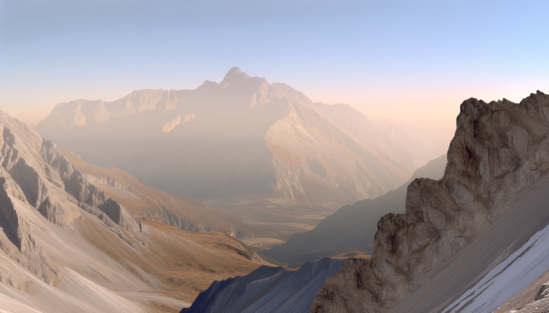 Scenic mountain landscape with rugged peaks, some with patches of snow, and a valley below under a clear sky.