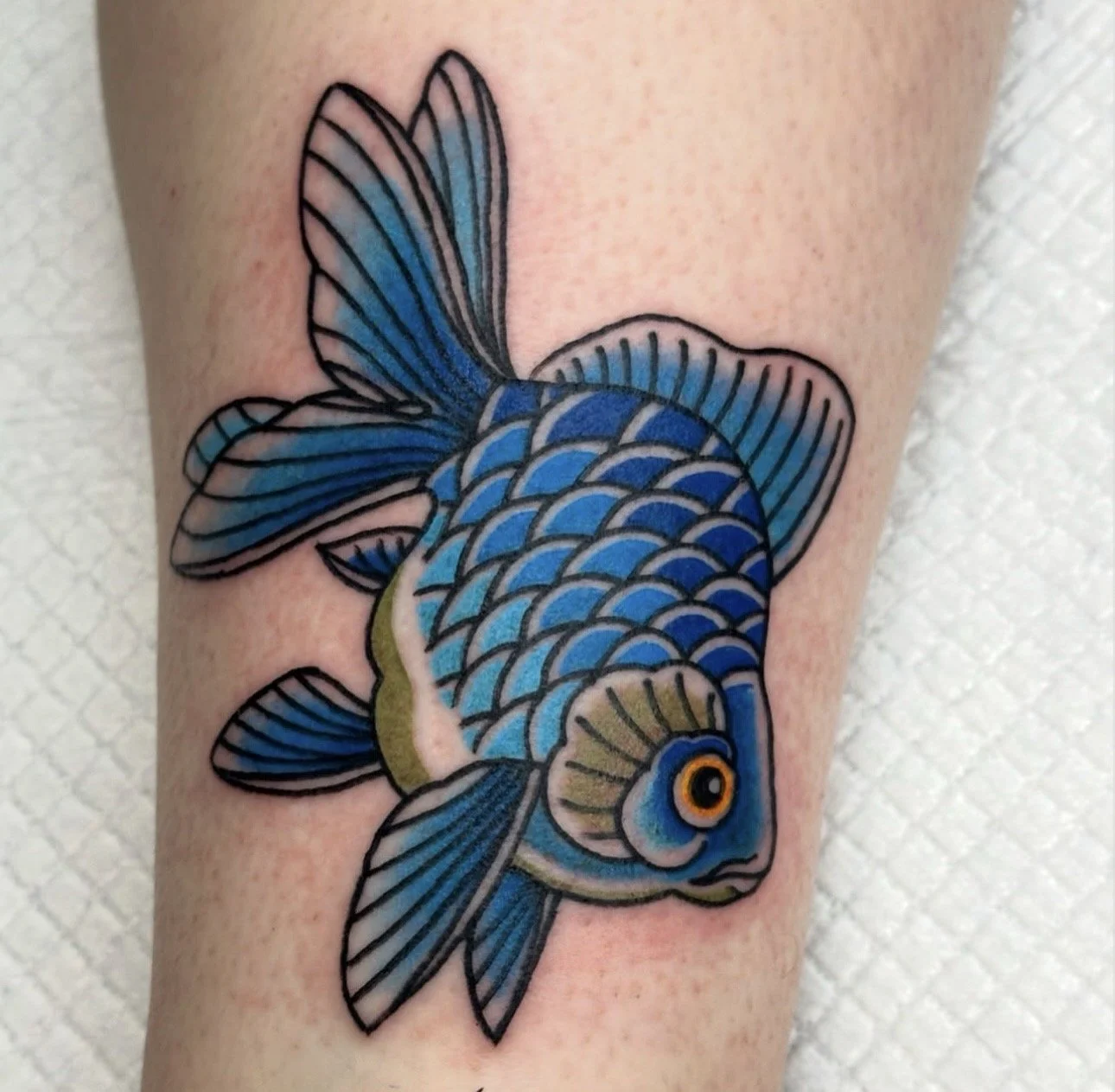 Colorful tattoo of a blue fish with black outlines on skin.
