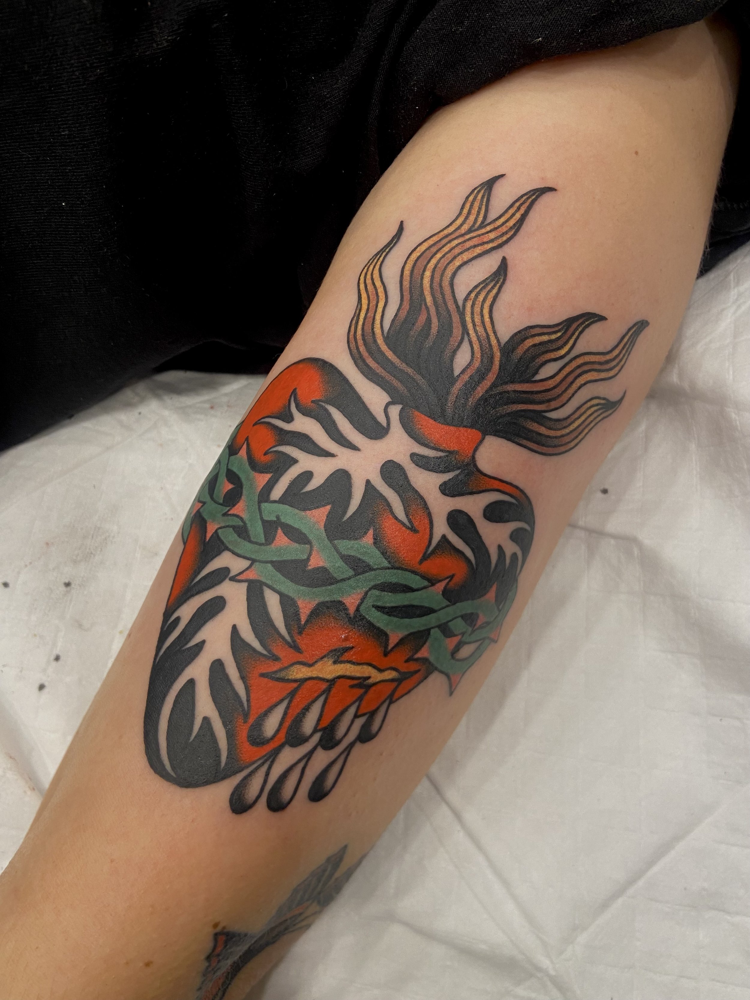 Tattoo of a stylized anatomical heart with black outlines, red and orange shading, and green vines entwined around it on a person's forearm.