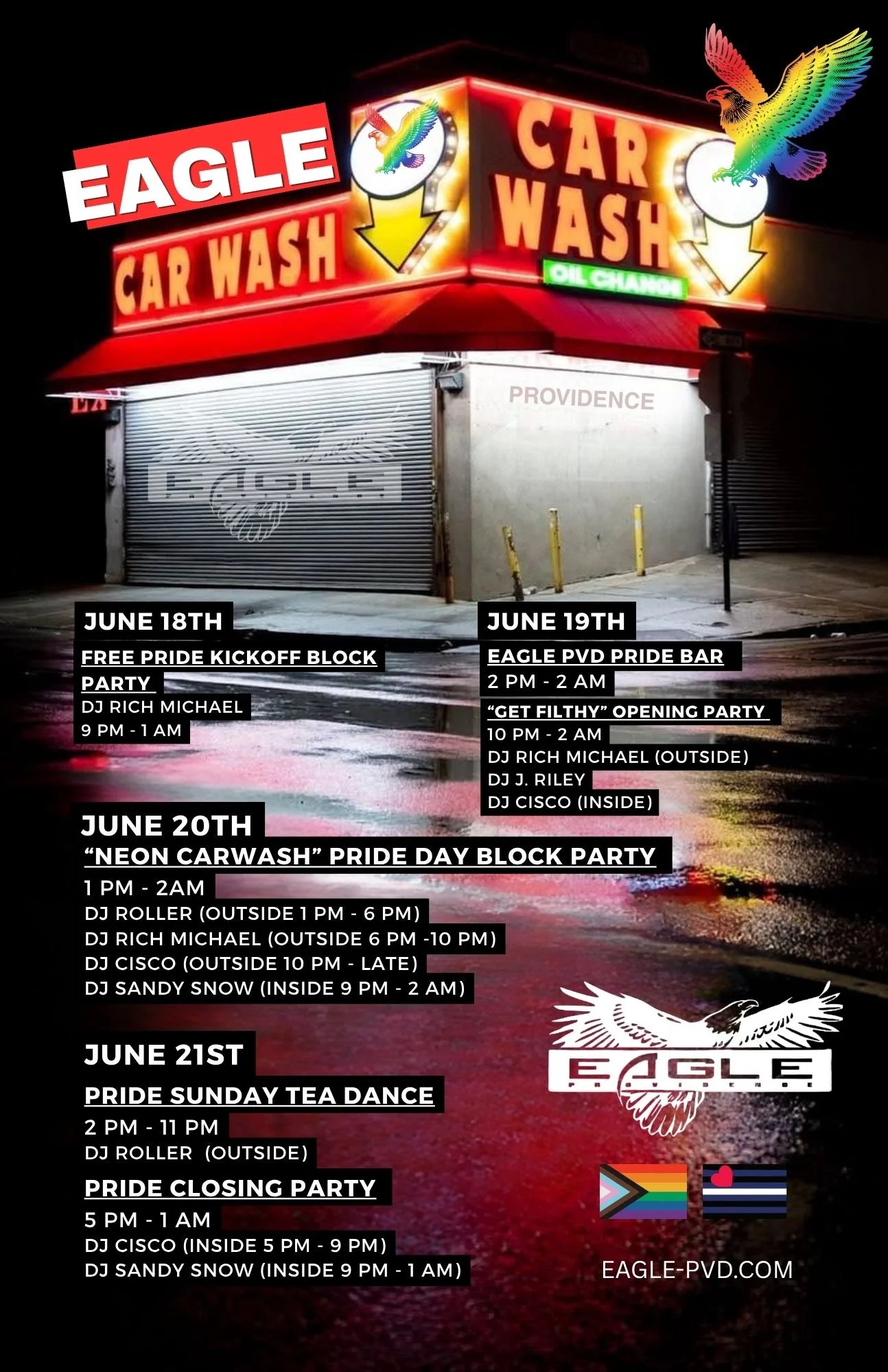 Nighttime neon-lit sign for Eagle Car Wash with rainbow eagle logo and event schedule for Pride celebrations from June 18th to June 21st, including parties, bar nights, dances, and closing parties.