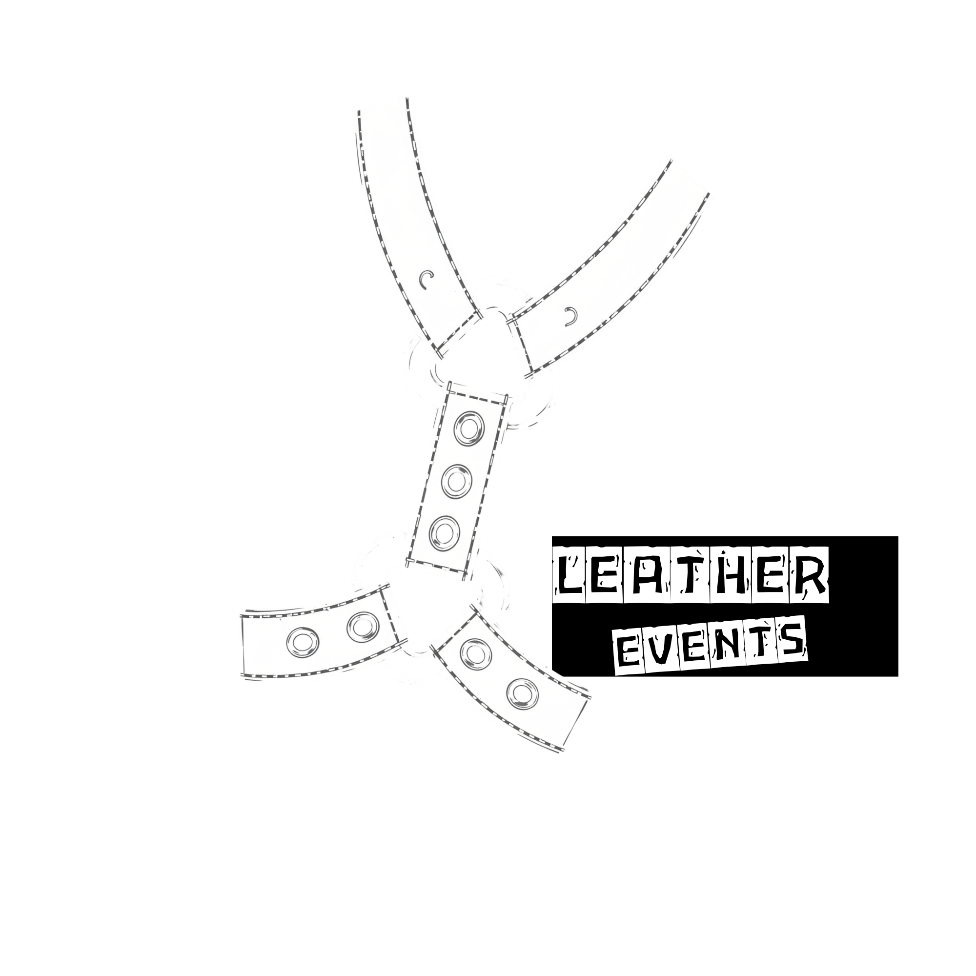 Line drawing of a harness with the words "Leather Events" written beside it.