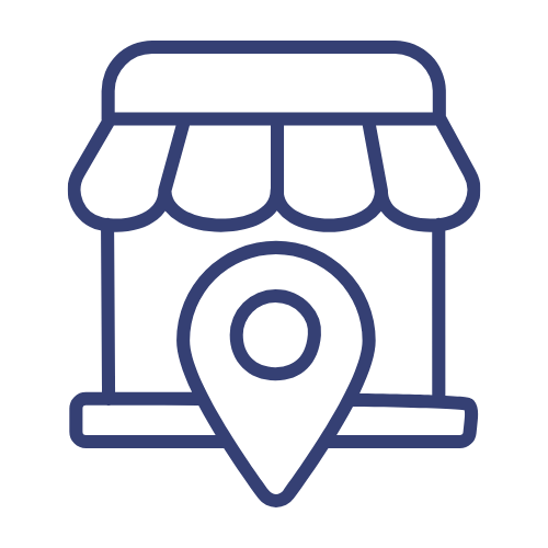 Storefront with awning and location marker icon.