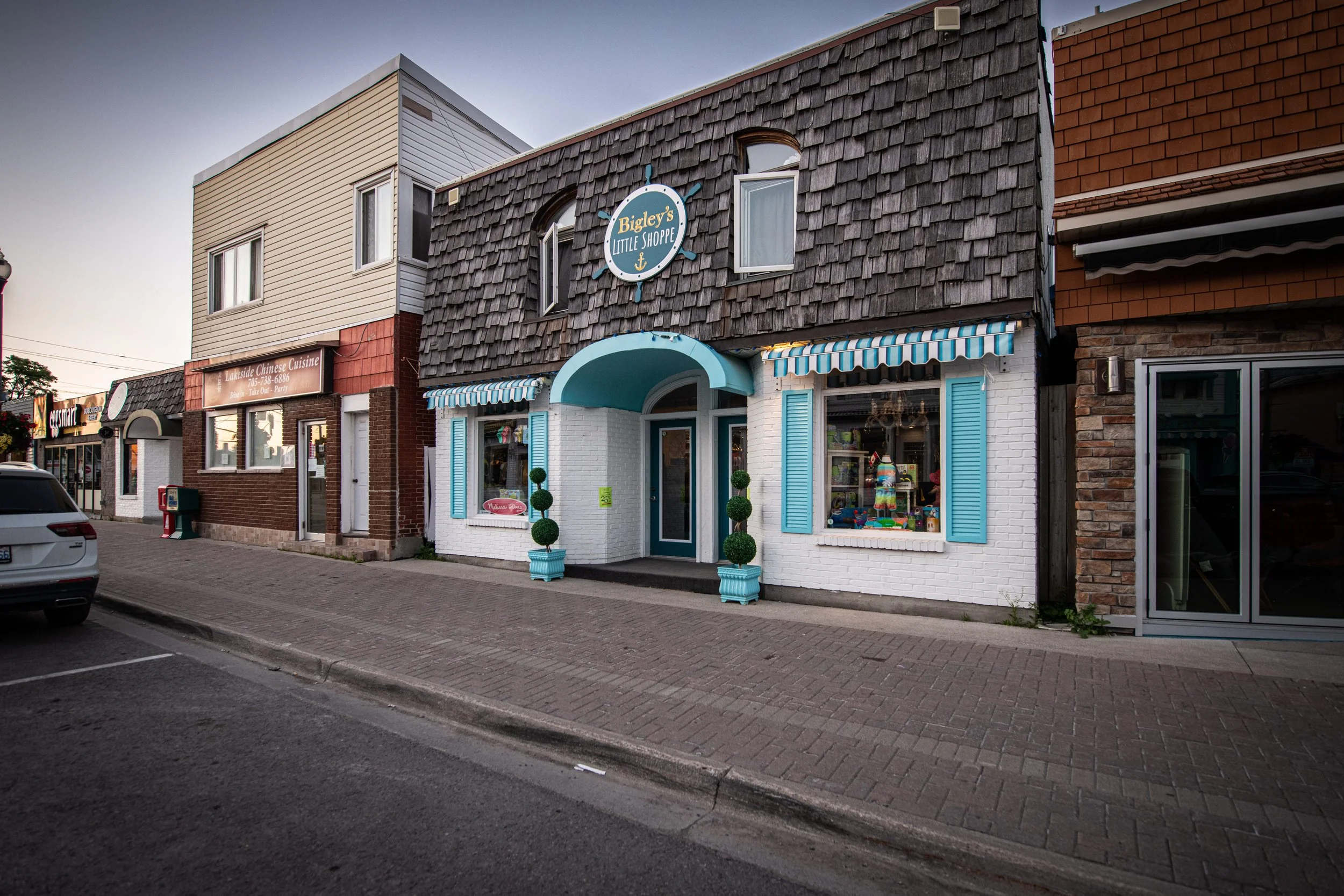 Colorful storefront called 'Bigley's Little Shoppe' with blue and white accents, potted topiary, window display with toys, and striped awning on a brick sidewalk