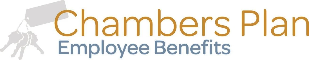 Graphic with a luggage tag and keys on the left, large text reading 'Chambers Plan,' and smaller text below that says 'Employee Benefits'.