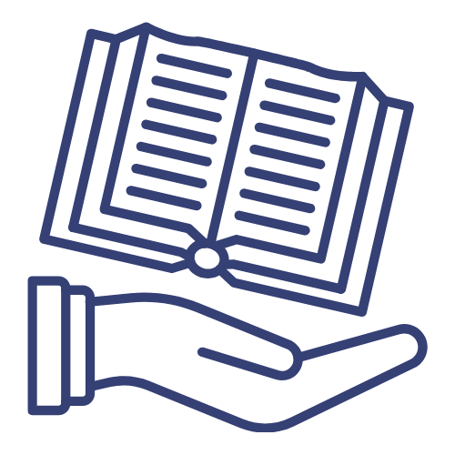 Outline of a hand holding an open book with visible text.