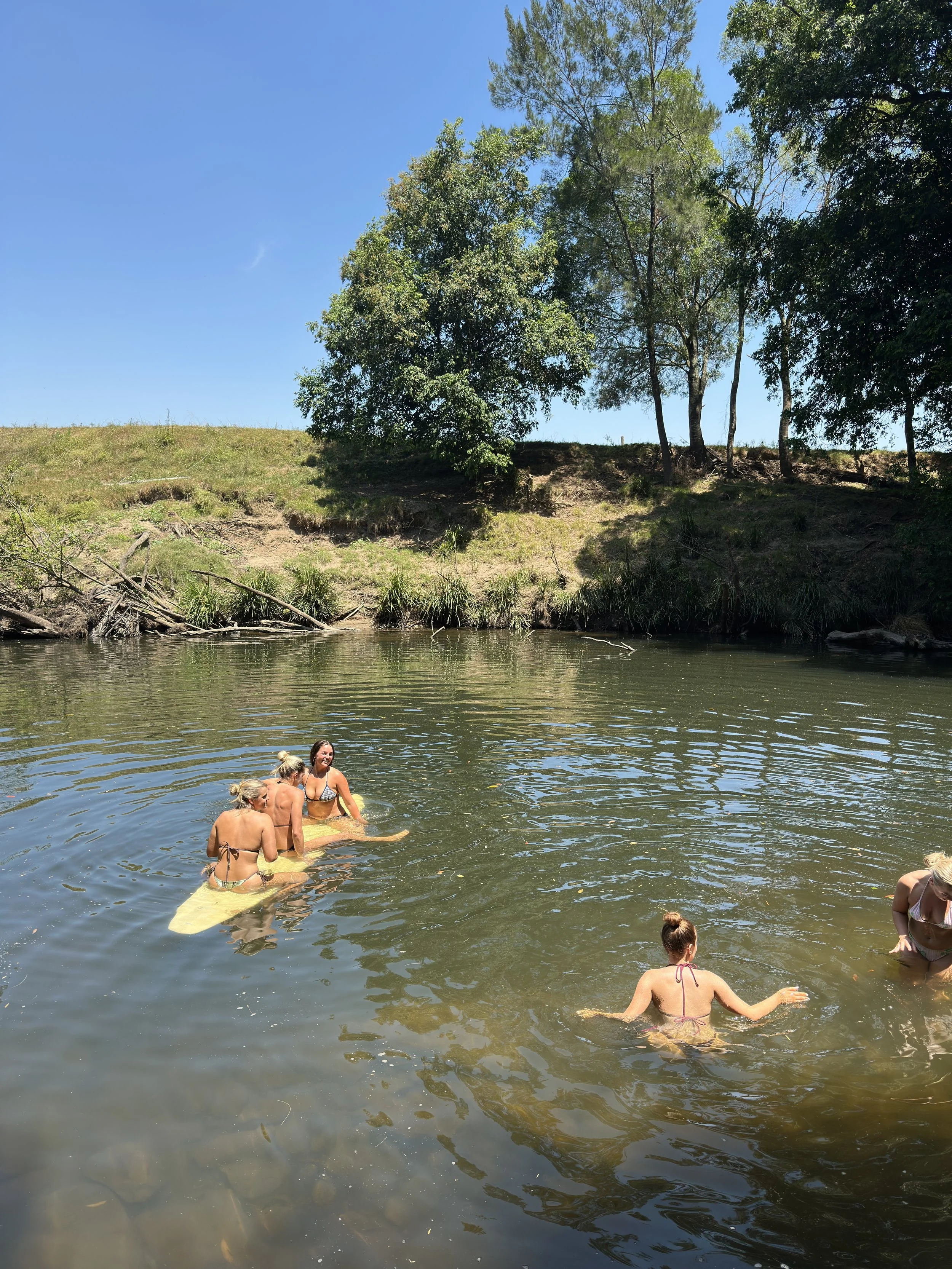 People swimming and relaxing in a river near a grassy bank with trees under a blue sky.