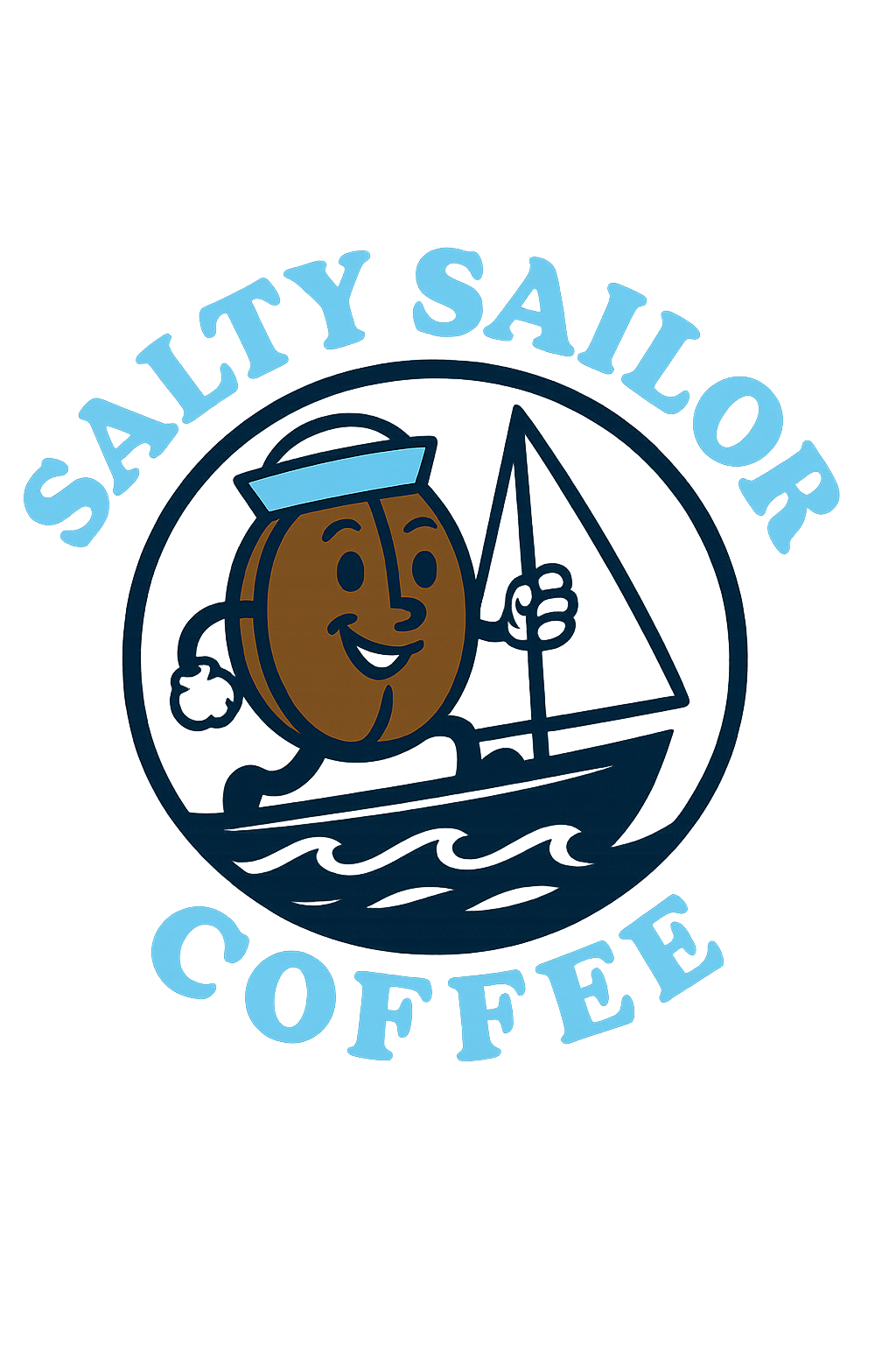 Sailor's mouth coffee sign with a smiling cartoon sailor face and a sailboat logo.