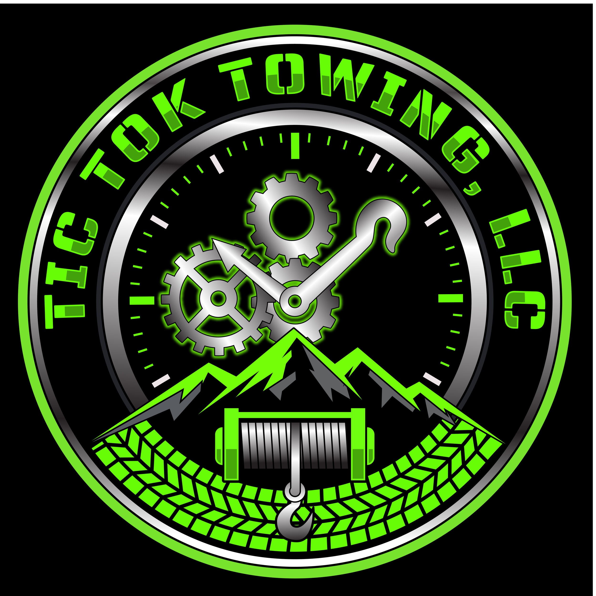Close-up of a digital watch face with green, white, and gray gears and circuitry design on a black background.