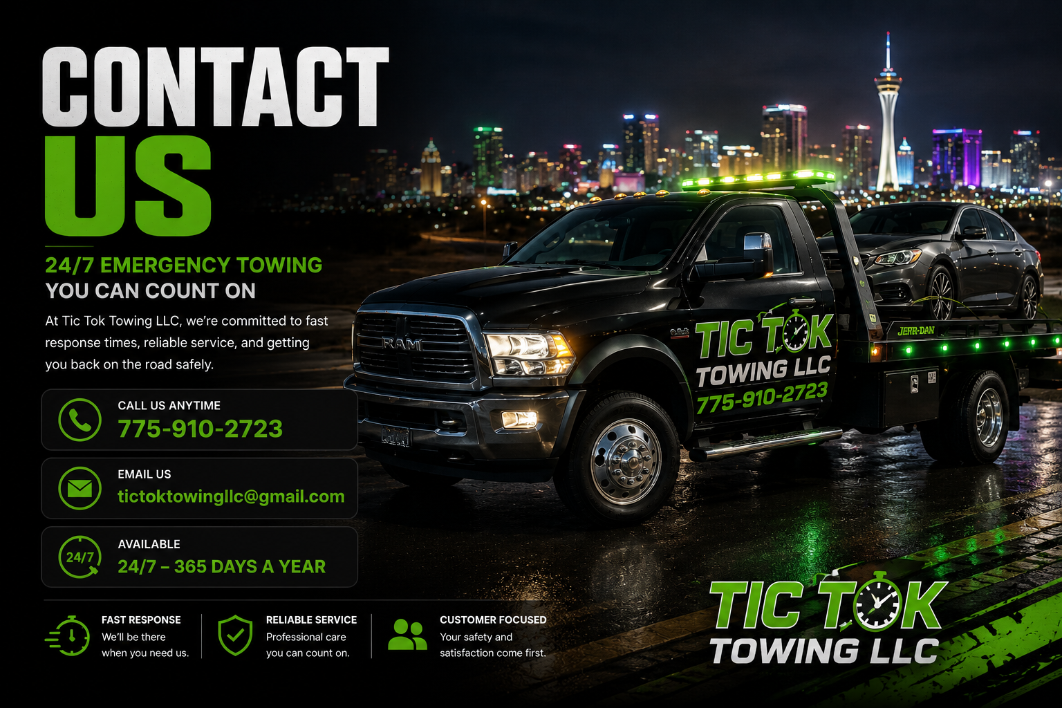 Nighttime cityscape with illuminated skyscrapers, featuring a black tow truck with green and white graphics parked on wet pavement, carrying a gray sedan. The tow truck displays contact information and services for Tic Tok Towing LLC.