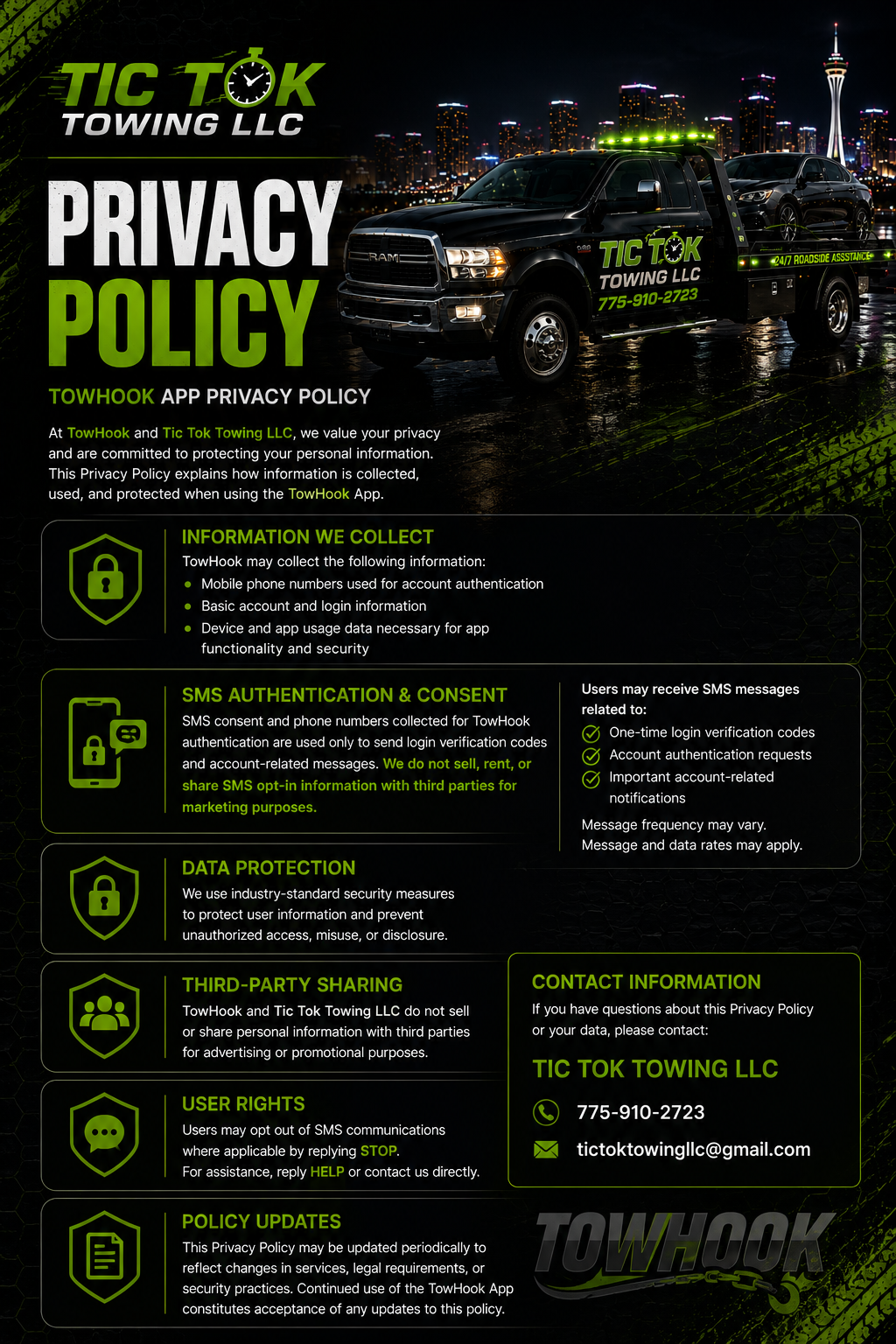 Tic Tok Towing LLC privacy policy poster featuring a nighttime cityscape with a black tow truck carrying two cars. The poster outlines data collection, SMS authentication, data protection, third-party sharing, user rights, and policy updates for the TowHook app.