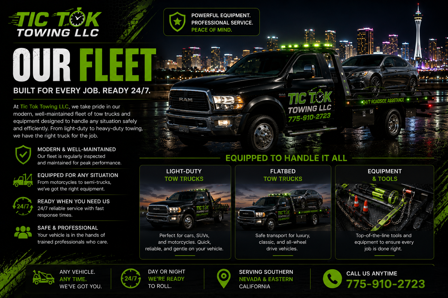 A promotional flyer for Tic Tok Towing LLC features a black tow truck with a car on its flatbed against a city skyline at night. It highlights towing services, 24/7 roadside assistance, and professional, well-maintained vehicles, with contact number 775-910-2723.
