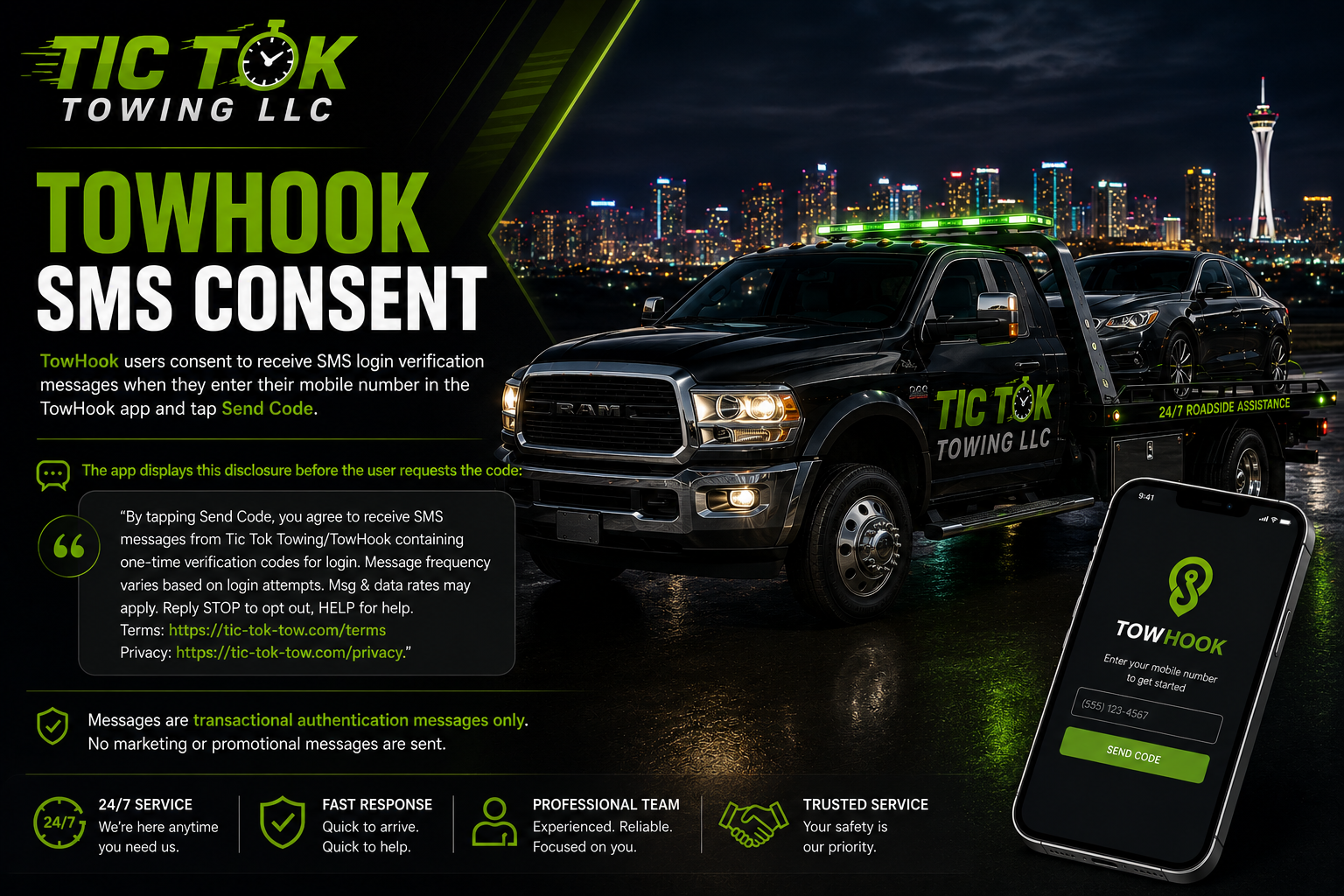 Advertisement for Tic Tok Towing LLC promoting SMS consent for customers to receive login verification codes via SMS by entering their mobile number in the app and tapping 'Send Code.' The ad features a night city skyline, a black tow truck branded with Tic Tok Towing LLC, and a smartphone screen showing the TOWHOOK app interface. Key points include roadside assistance, transaction security, fast response, professional team, and trusted service.