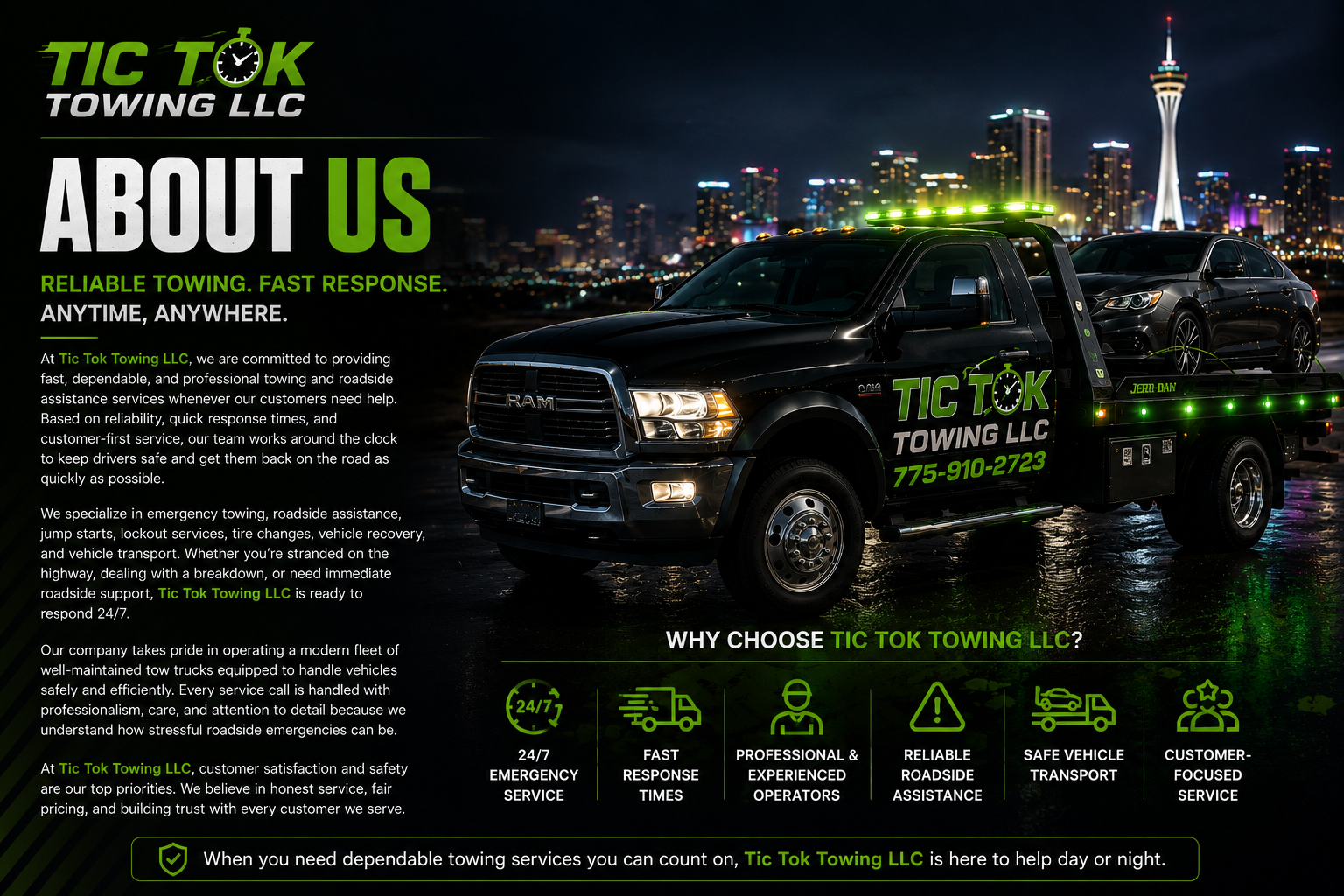 Tic Tok Towing LLC advertisement featuring a towing truck with a city skyline at night, highlighting services like emergency towing, roadside assistance, and vehicle recovery.