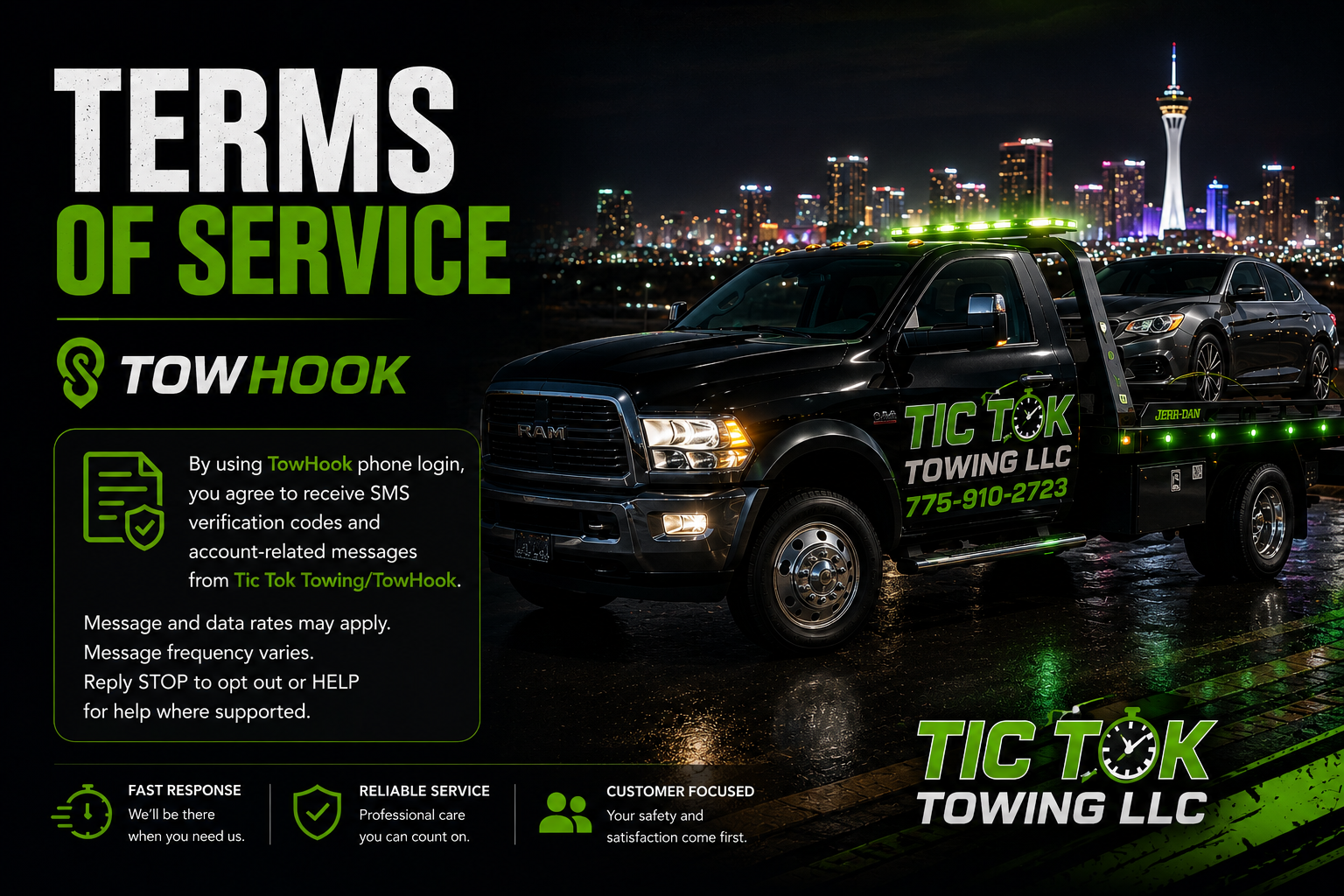 Night scene showing a black tow truck with a car loaded on its flatbed, with a city skyline and a tall tower in the background. The image promotes Tic Tok Towing LLC and TowHook services, with text about SMS verification, rates, and customer focus.
