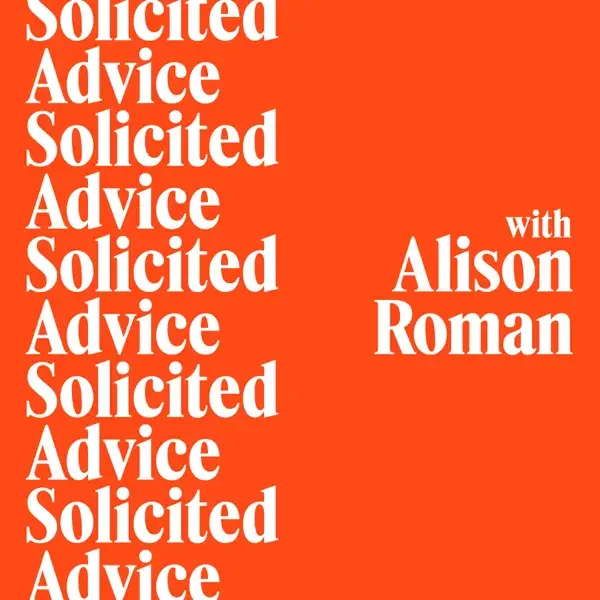 Book cover titled 'Solicited Advice' repeatedly in white text on a red background, with the author's name Alison Roman in larger font.