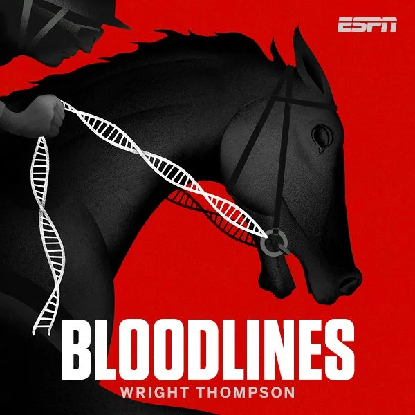 Book cover for 'Bloodlines' by Wright Thompson featuring a black horse against a red background, with a human hand holding a DNA double helix as the horse's reins and the ESPN logo in the top right corner.