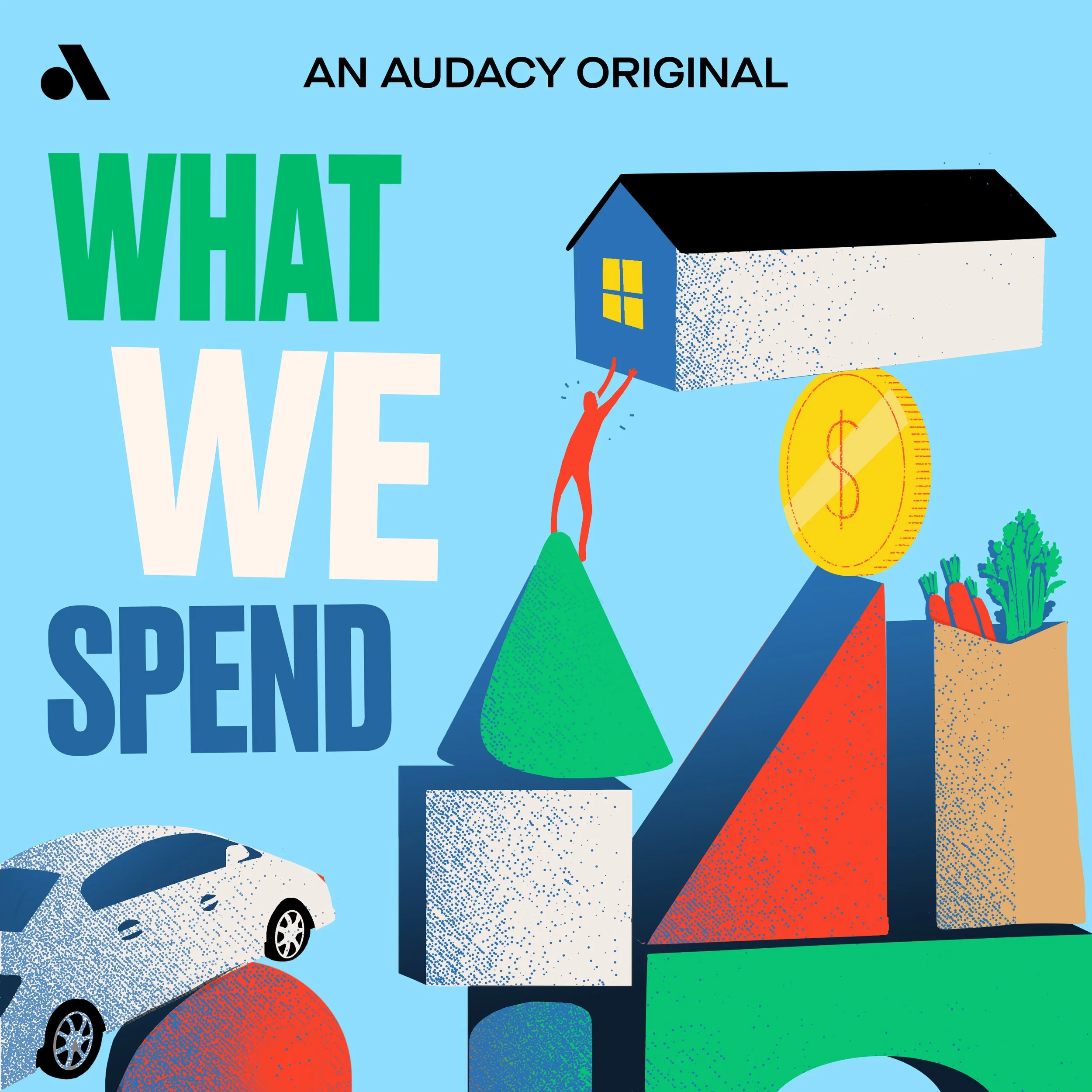 Colorful illustration with text 'What We Spend' and various objects including a house, a car, a coin, vegetables, and abstract geometric shapes.